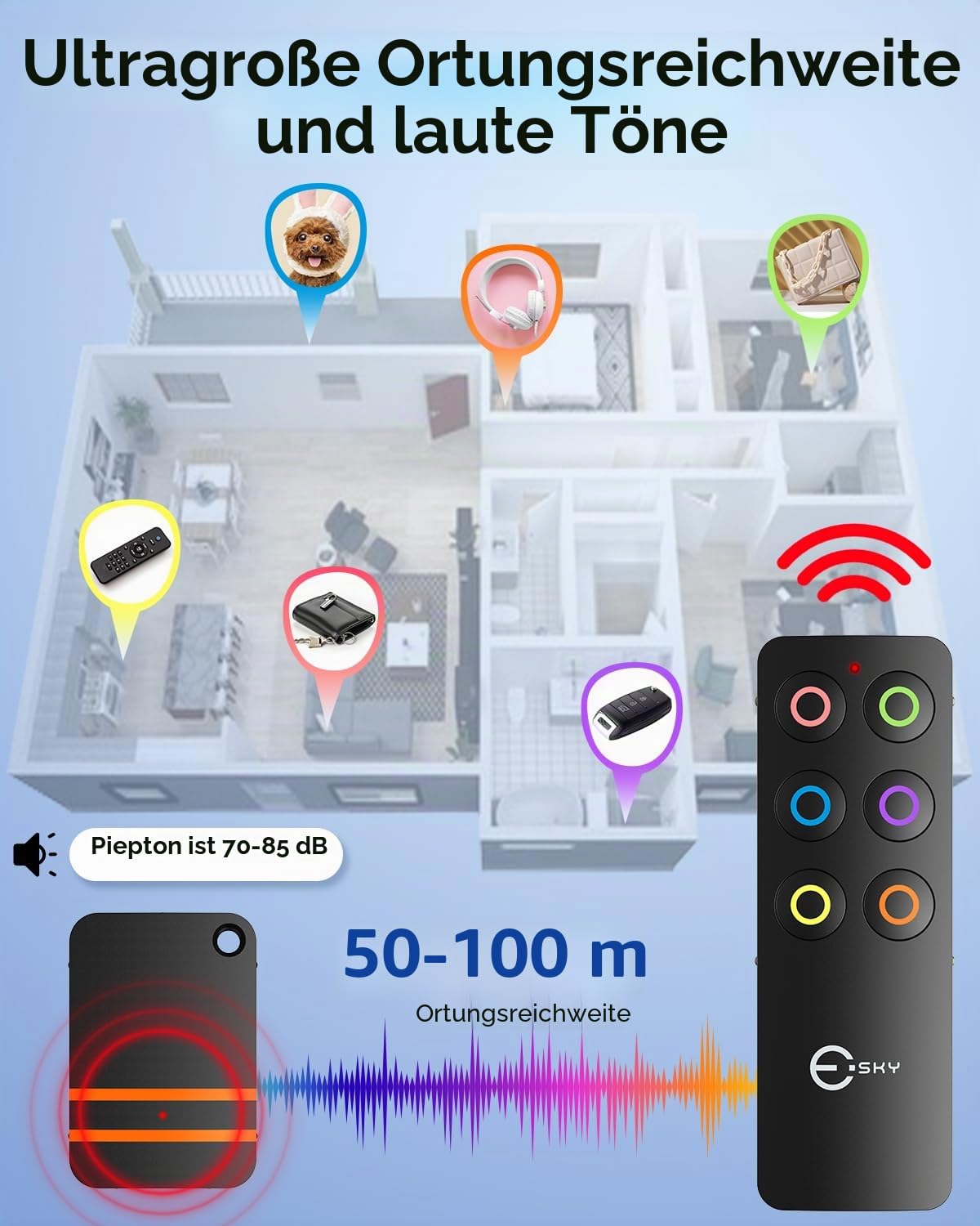 Esky Schlüsselfinder, Key Finder Schlüsselfinder Pfeifen mit 6 Empfängern Schlüsselpiepser Schlüsselsucher für Schlüssel, Brieftasche, Telefon und Haustier-Tracker Geschenke für Eltern
