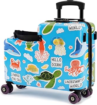 smilesun 20" Ride-On Suitcase for Kids, Cute Pattern, Lightweight Hardshell Carry-On Luggage with Double Spinner Wheels, TSA Lock for Boys & GirlsBlue