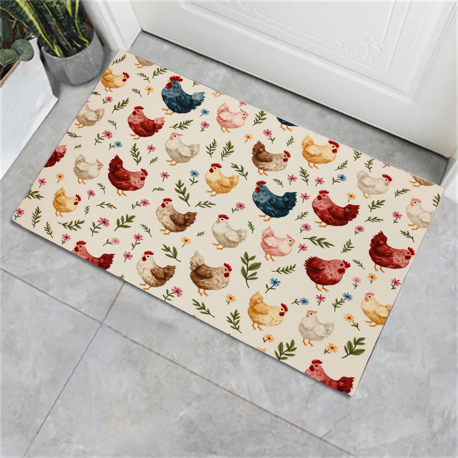Paillasson poule colorée aquarelle 60x90cm - tapis de porte crème antidérapant