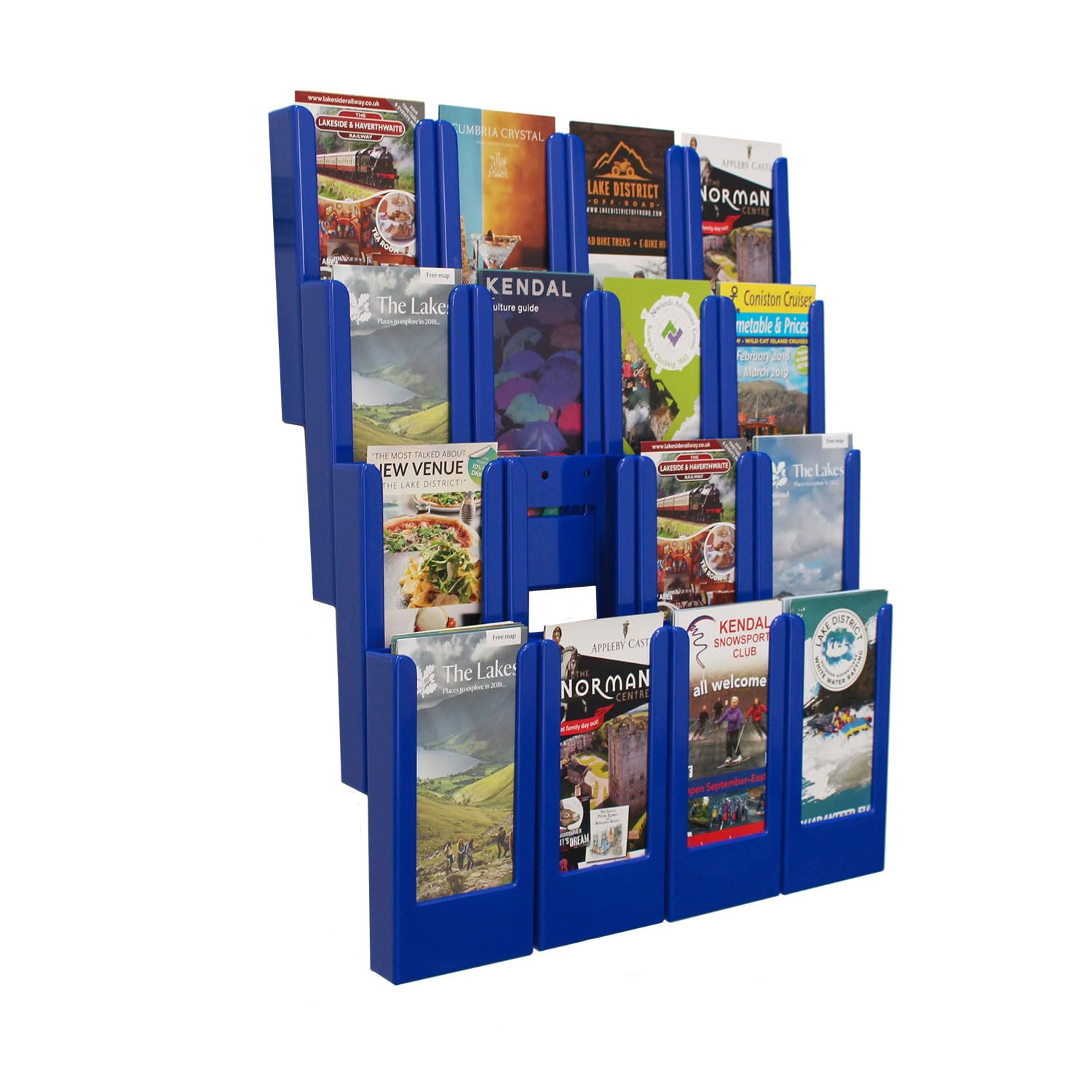 Wonderwall Leaflet Holder | Wall Mounted Leaflet Display & Dispenser | Expanda-Stand System | 4 Columns | Holds up to 28 mm Brochures | Blue | 16 x 1/3 A4 PVC Coloured Pockets