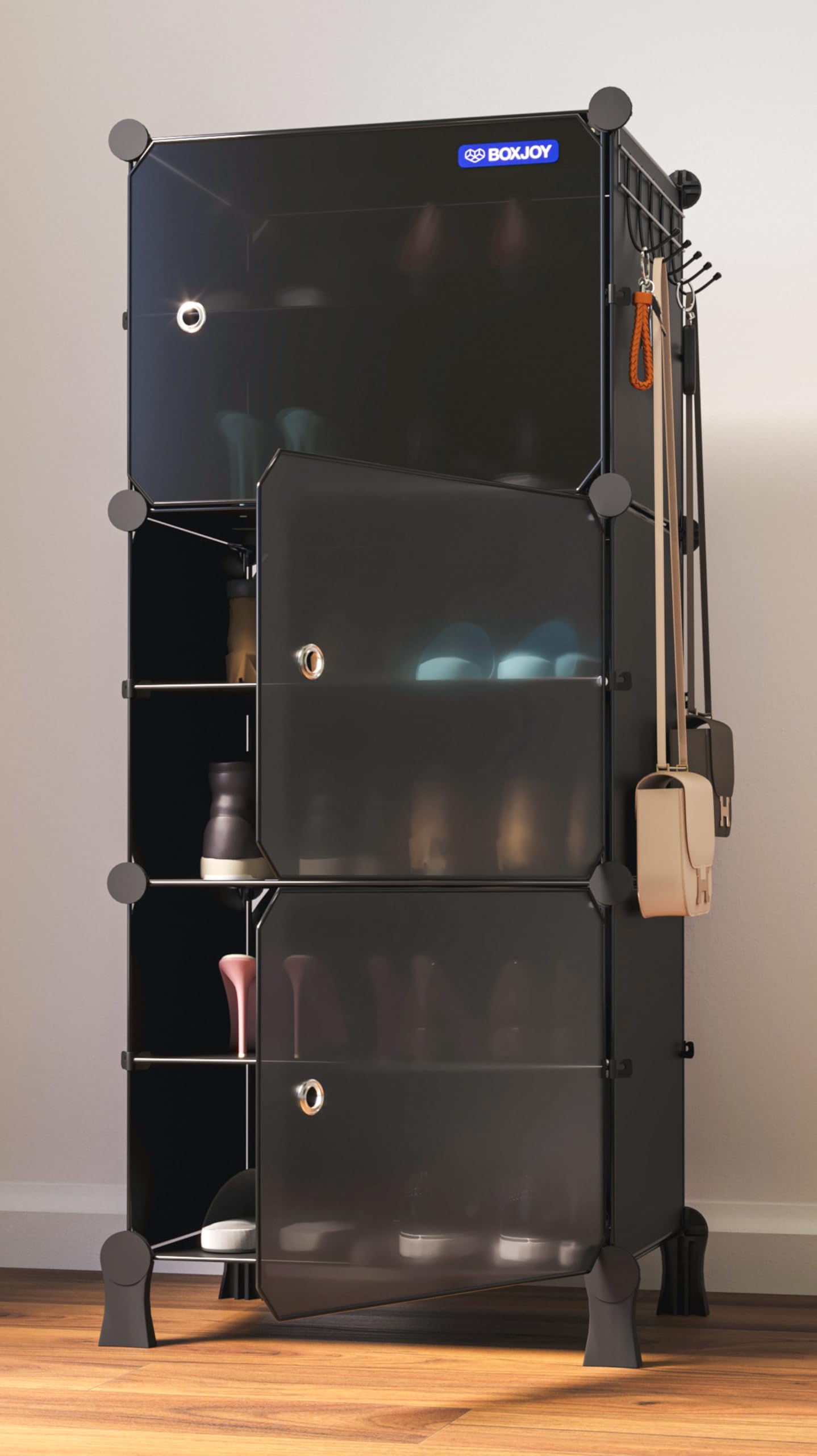 BOXJOY 6 Shelf Black Shoe Rack with Door Magnets, 5 Hook Steel Holder & Wooden Hammer for Home Storage PP Plastic Organizer with Metal Door Frame and Foots for Chappal Slipper Sandals Shoes Box Stand