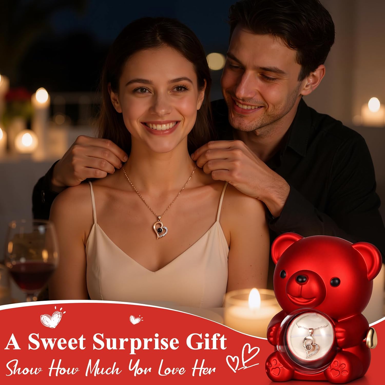 Cute Teddy Bear with Preserved Rose, Hidden Surprise Necklace Rotating Gift Box Valentines Day Gifts for Her, Romantic Eternal Rose Flowers for Birthday, Wedding, Anniversary, Mother’s Day - Image 6