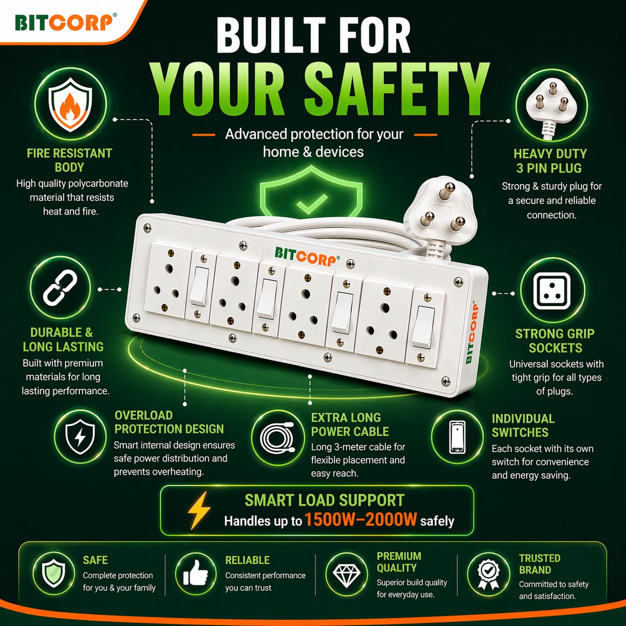 BITCORP 6A Extension Board - 4 Outlets, 1500W -4