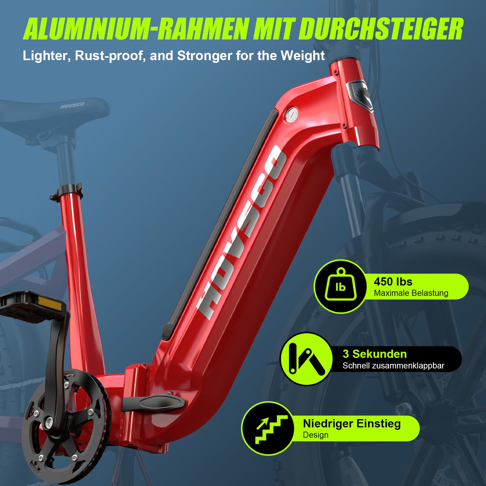 HOVSCO Faltbares E Bike für Erwachsene mit App-Steuerung & Federung, Elektro Fahrrad 48V/15AH Akku 250W faltbar Fatbike 20"×4.0" Reifen, Alu-Durchstieg-Rahmen, bis 204kg