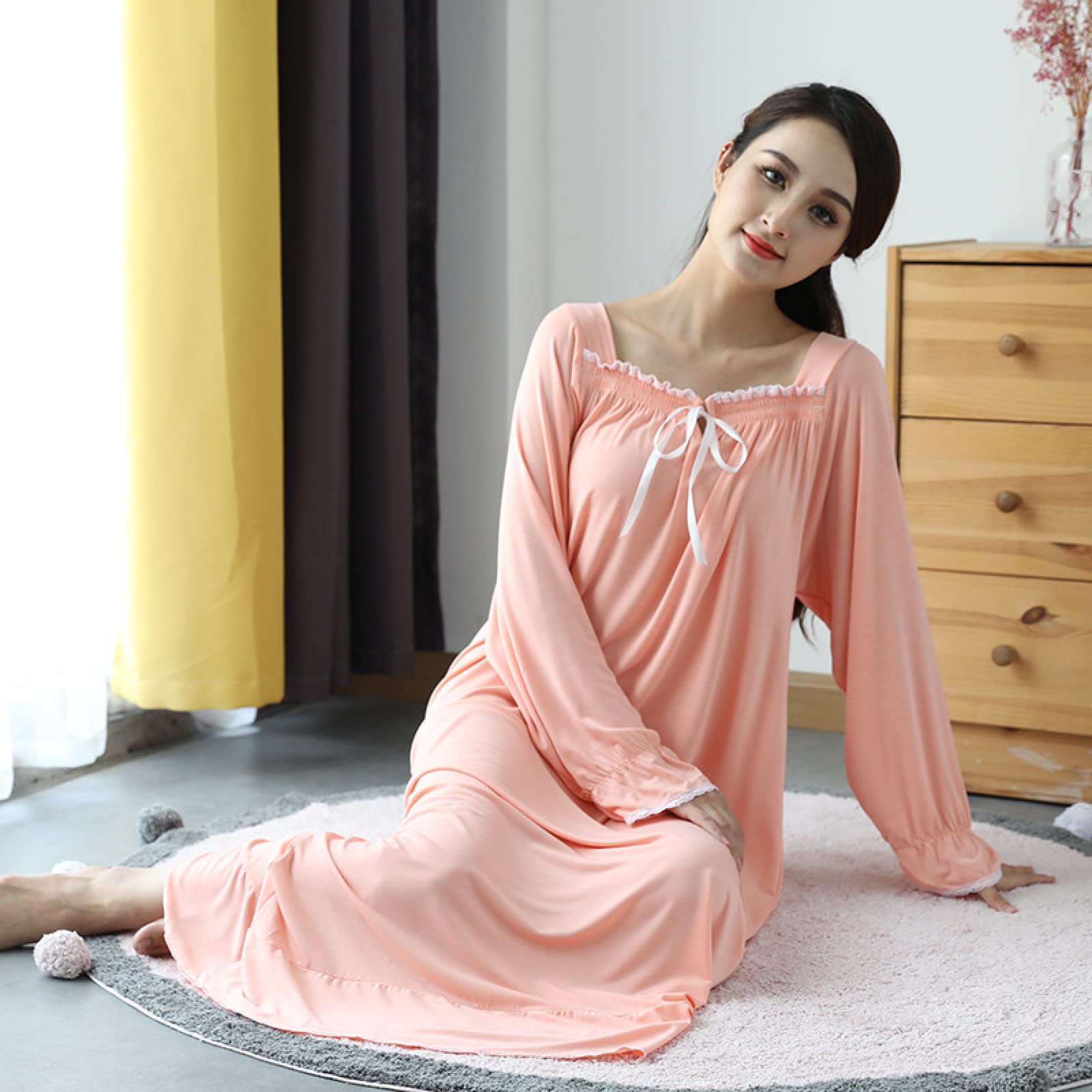 OFFSUM Camicia da Notte Donna - Scollo Quadrato Cotone Casual Camicia da Notte Elegante Pizzo Morbido Confortevole Primavera Autunno Camicia da Notte Traspirante Lingerie Plus Size