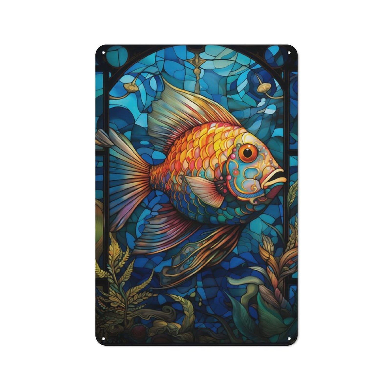 Junmoney Fairy Wrasse Stained Glass Rustic Metal Wall Sign 30X20cm For Kitchen Or Home Bar, Suited To Home Bar Enthusiasts