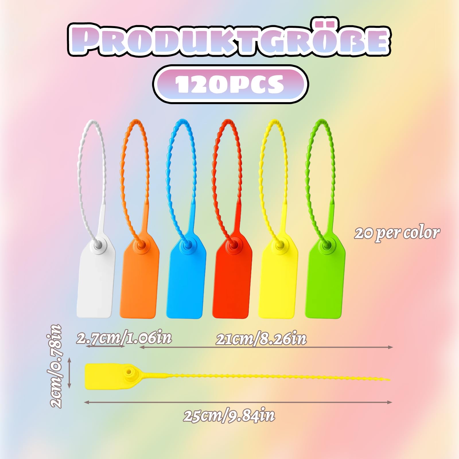 Plomben, 250 mm lang, 20x27 mm Etikettengröße, 6 Farben 120 Stück Sicherheitsplomben aus Kunststoff, Kabelbinder mit Beschriftungsfeld, für Reisegepäck, Logistik und Lagerung