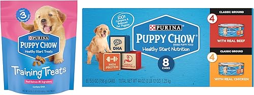 Miniatura 1 de Purina Puppy Chow Healthy Start Paquete variado, 1 bolsa de golosinas de entrenamiento de salmón real (24 onzas), 1 caja de latas de comida húmeda