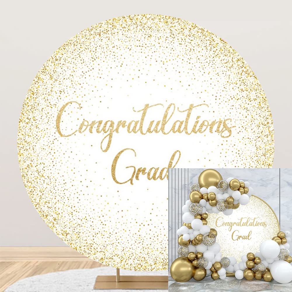 OERJU Graduation Round Backdrop Cover Congrats Grad Round Backdrop White and Gold 2026 Graduation Party Decorations Circle Background Arch Cover
