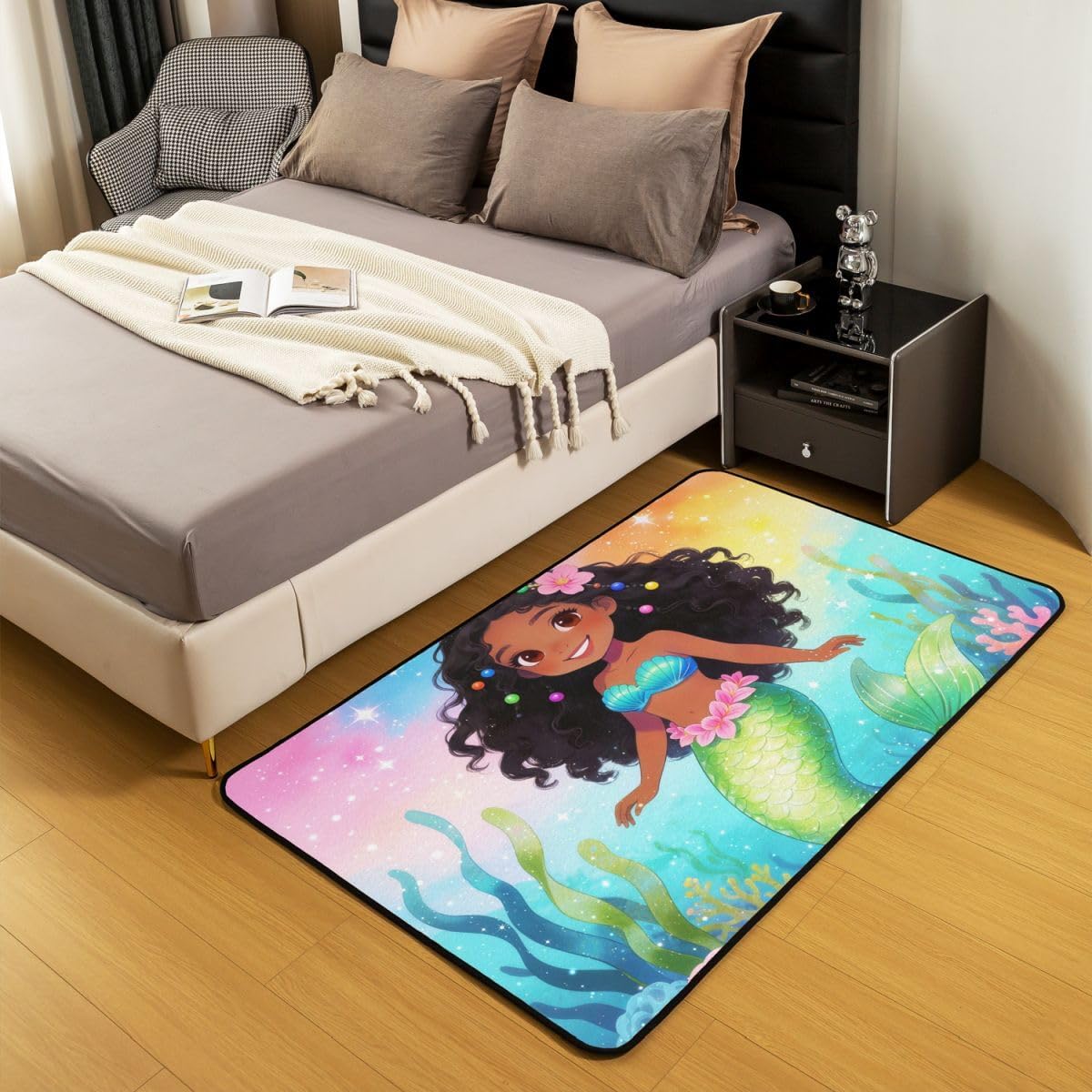 Feelyou Princess Mermaid Area Rug 3x5 Polyester Black Girl Mermaid Living Room Rugs for Bedroom Colorful Ocean Theme Decor Carpet Seaweed Shells Indoor Floor Mat Soft Non-Slip
