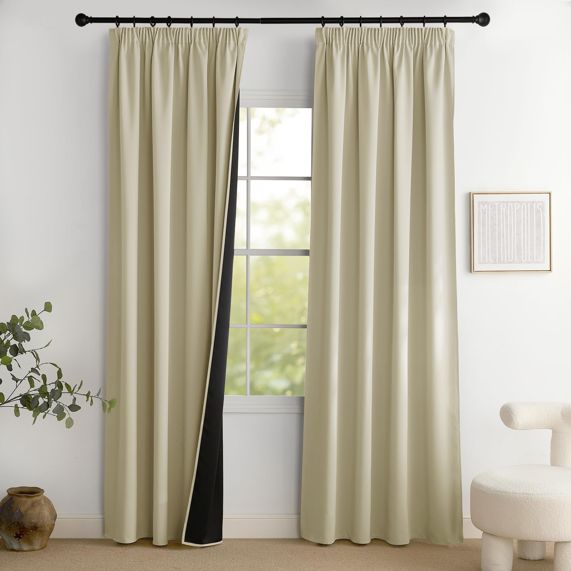 PONY DANCE 100% Tende Oscuranti Camera da Letto con Fettuccia Tende Termiche Isolanti Salotto Moderne Blackout Curtains per Interni 2 Pezzi L 140 x A 220 cm, Beige Chiaro