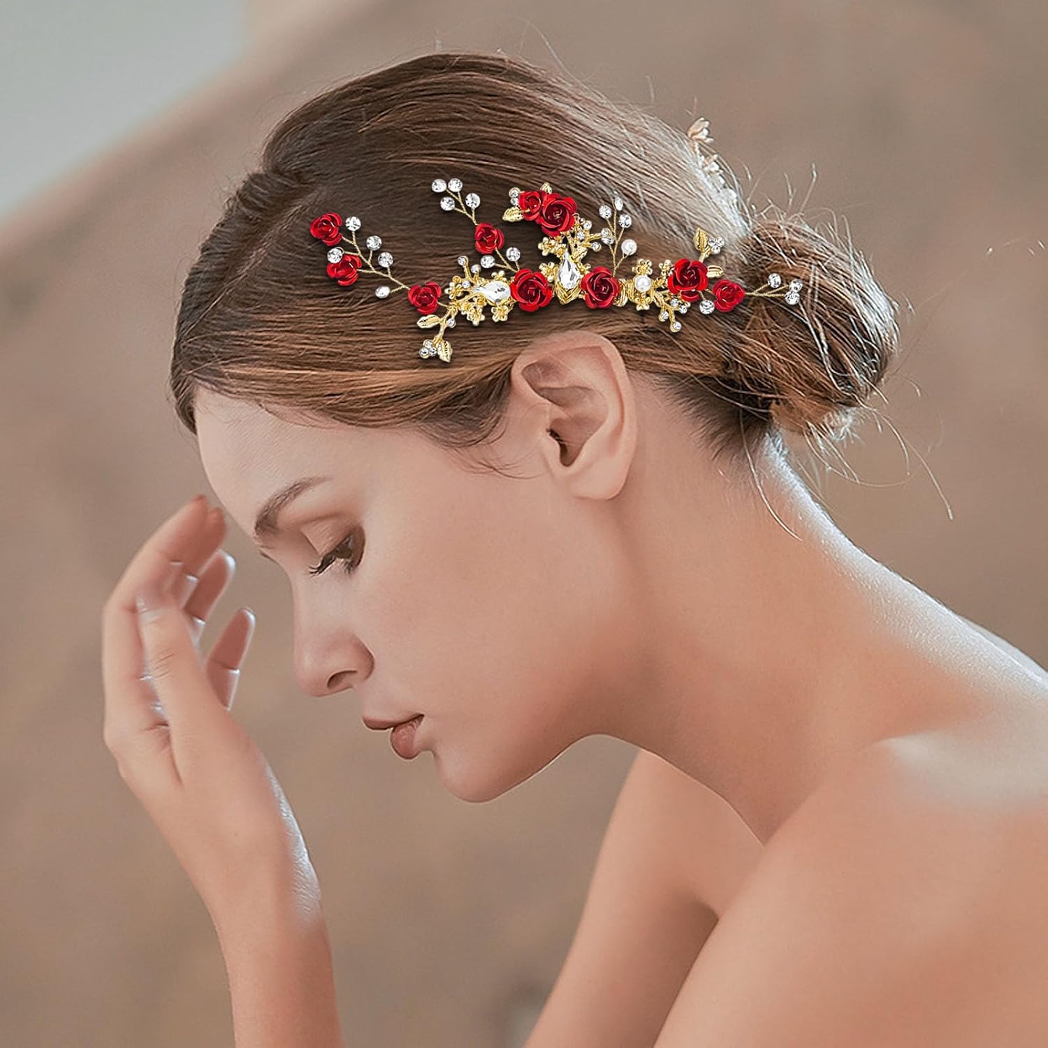Red Flower Hair Comb Gold Rose Crystal Bridal Side Combs Floral Rhinestone Pearl Combs Vintage Decorative Crystal Emerald Headpiece Wedding Sparkly Hair Accessory for Women