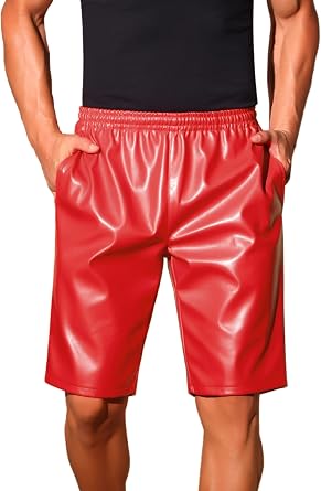 Lars Amadeus Faux Leather Shorts for Men's Elastic Waist Motorcycle Clubwear PU Short Pants