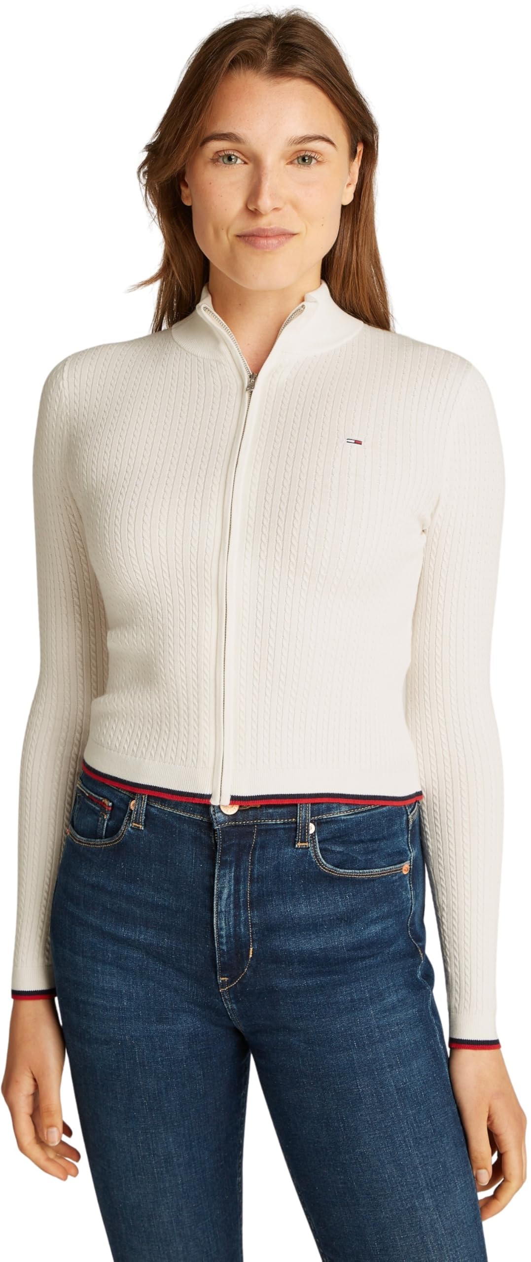 Tommy Jeans Women’s Slim Fit Cable Knit Zipped Jumper, Off-White (Ancient White), XL
