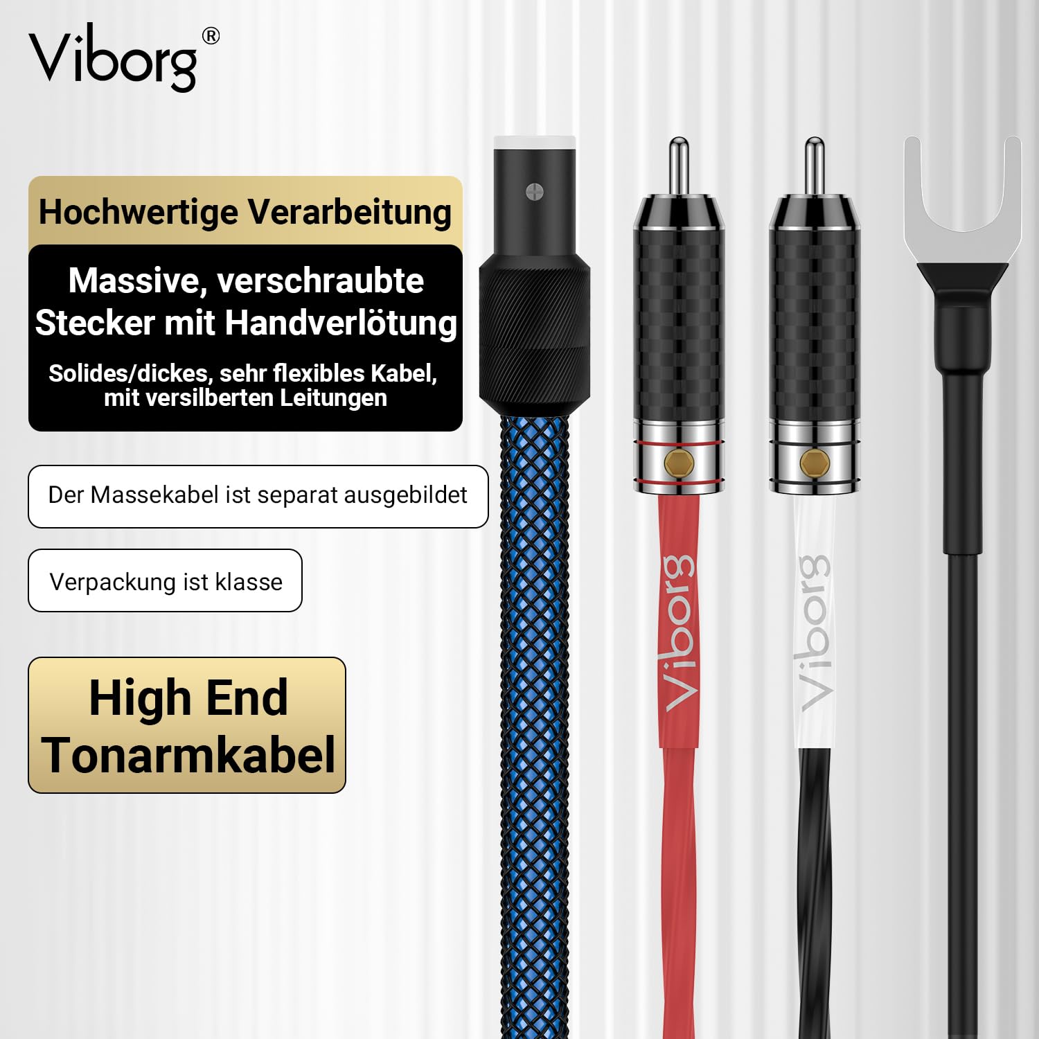 Viborg Cavo Fonico LC800 Per Giradischi - RCA Placcato Rodio, Conduttore Di Massa Separato, OFC Placcato Argento