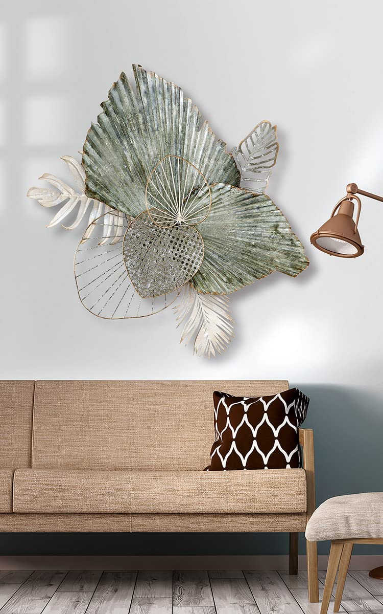 GILDE Metallbilder Wanddeko Bilder Metall – moderne Wanddekoration Wohnzimmer – Wandbild 3D Metallbild Wand Deko Blumen Blätter Wall Decoration 65 x 75 cm Creme Grün Grau Gold