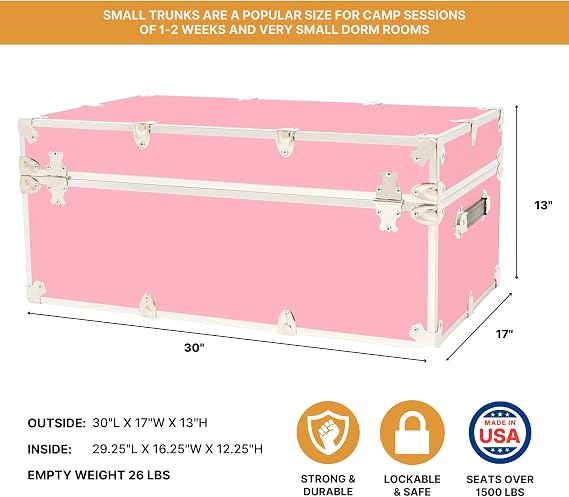 Rhino Trunk & Case Classic Camp & College Trunk with Wheels. 30x17x13, 1500+ lbs Capacity - Many Colors, Soft-Close Lid. Strong, USA Made Summer Camp Footlocker and Secure Dorm Storage Chest