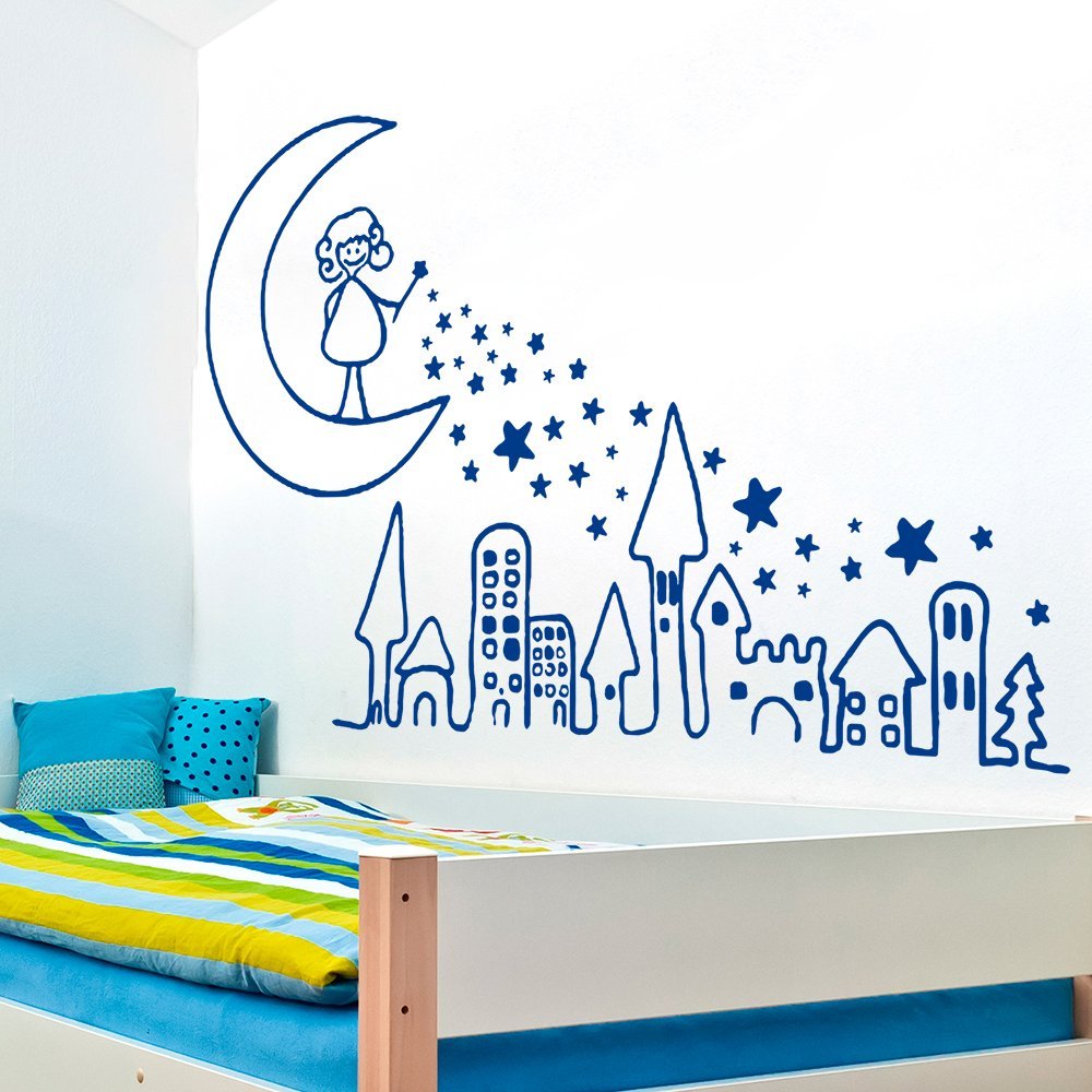 Sticker fée marraine lune bleu décoration murale chambre enfant 90 x 55