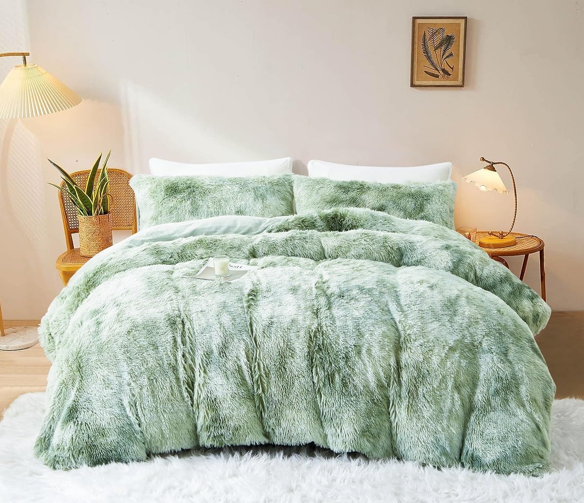 Sacebeleu Ropa de cama de invierno de 135 x 200 cm de felpa de pelo largo de franela mullida, funda nórdica de franela verde y blanco, ropa de cama de invierno degradado de color, cálida funda nórdica