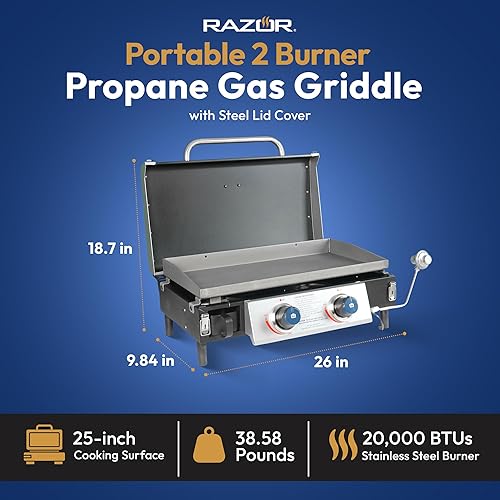 Miniatura 3 de Razor Griddle GGT2131M - Parrilla portátil de gas propano LP de 25 pulgadas para exteriores, 2 quemadores, con 318 pies cuadrados y tapa superior