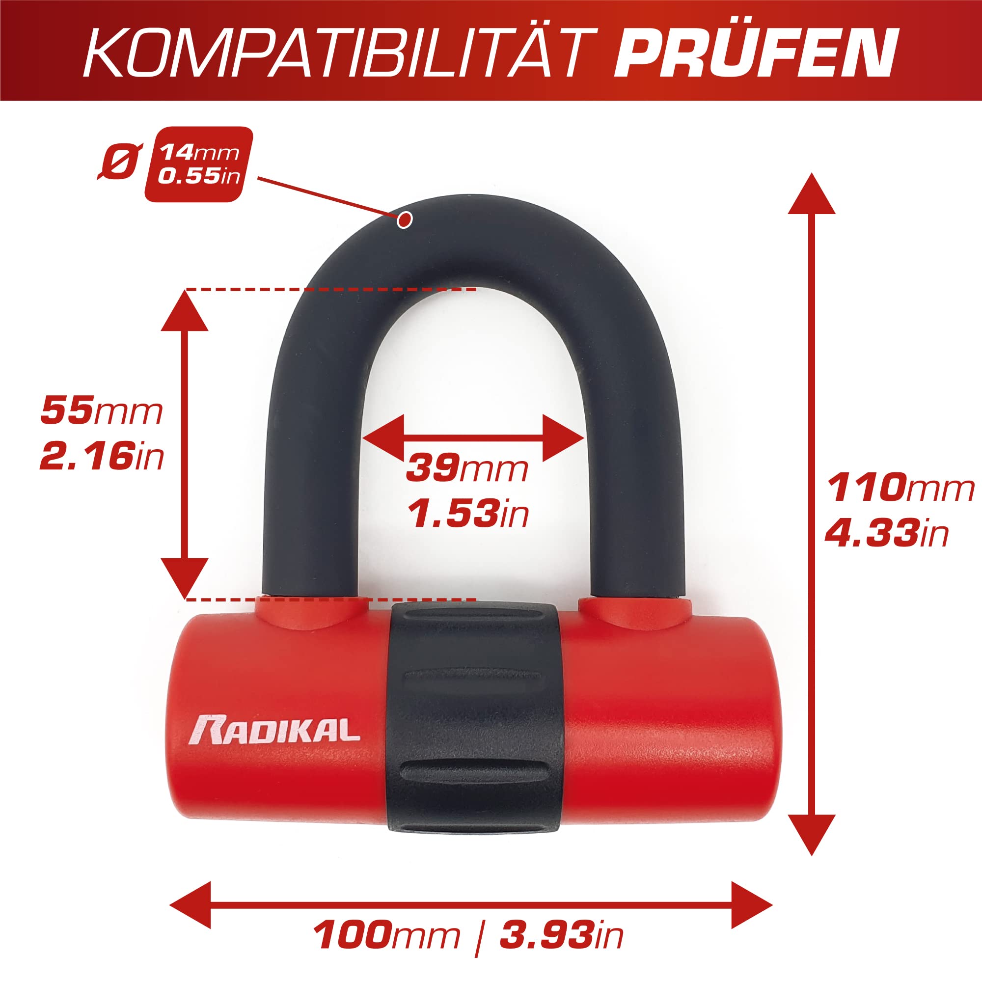 RADIKAL RK72120L Diebstahlsicherung Motorrad 2 in 1 Doppelfunktion Kettenschlaufe 120 cm und Mini U Bügelschloss 14mm Bremsscheibenschloss