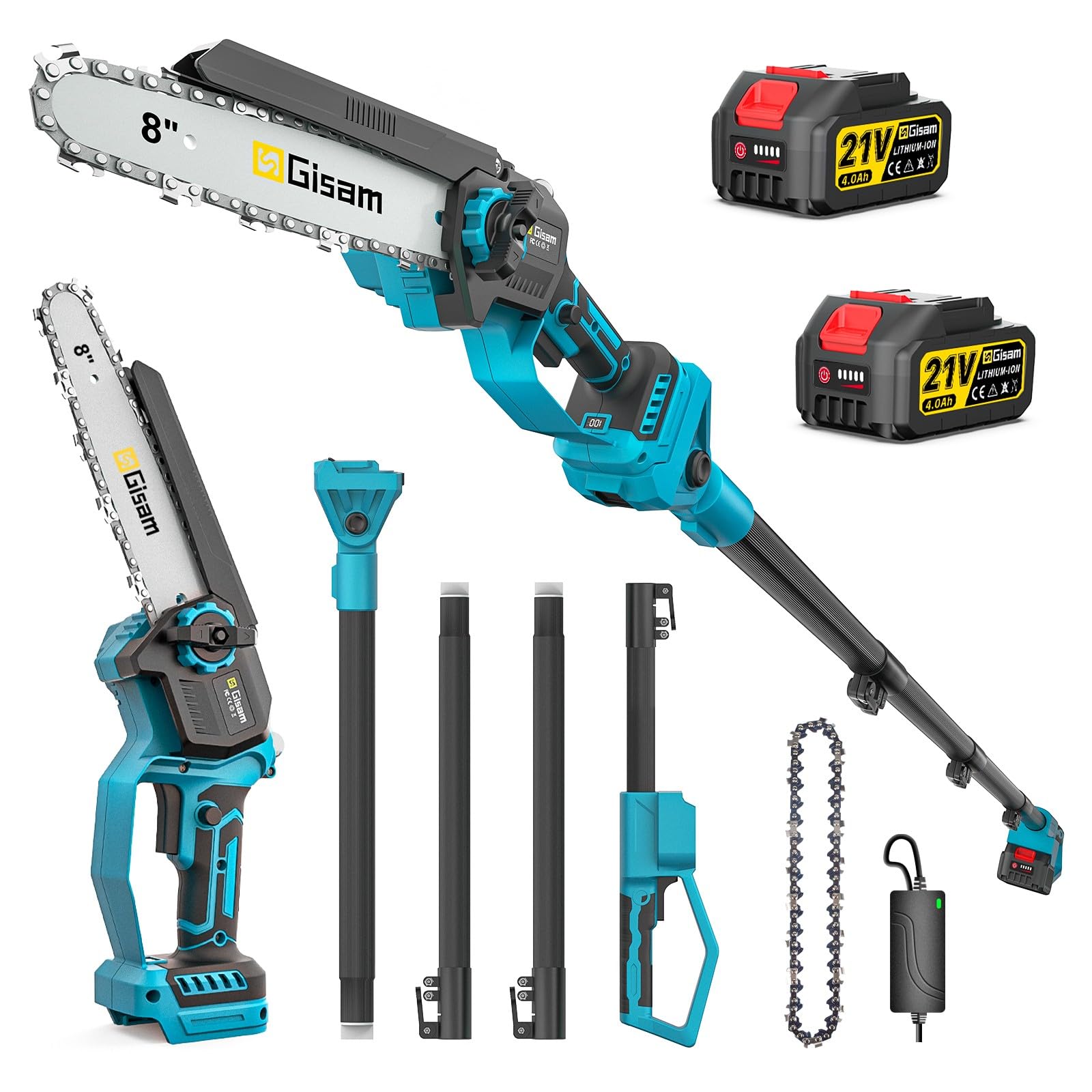 2 in 1 Cordless Pole Saw for Makita 18v, 8 Inch Brushless Electric Cordless Chainsaw & Pole Chainsaw, Extend Pole to 4.2m, 2×4.0ah Battery & 180° Adjustable Head, for Tree Trimming & Cutting Branches