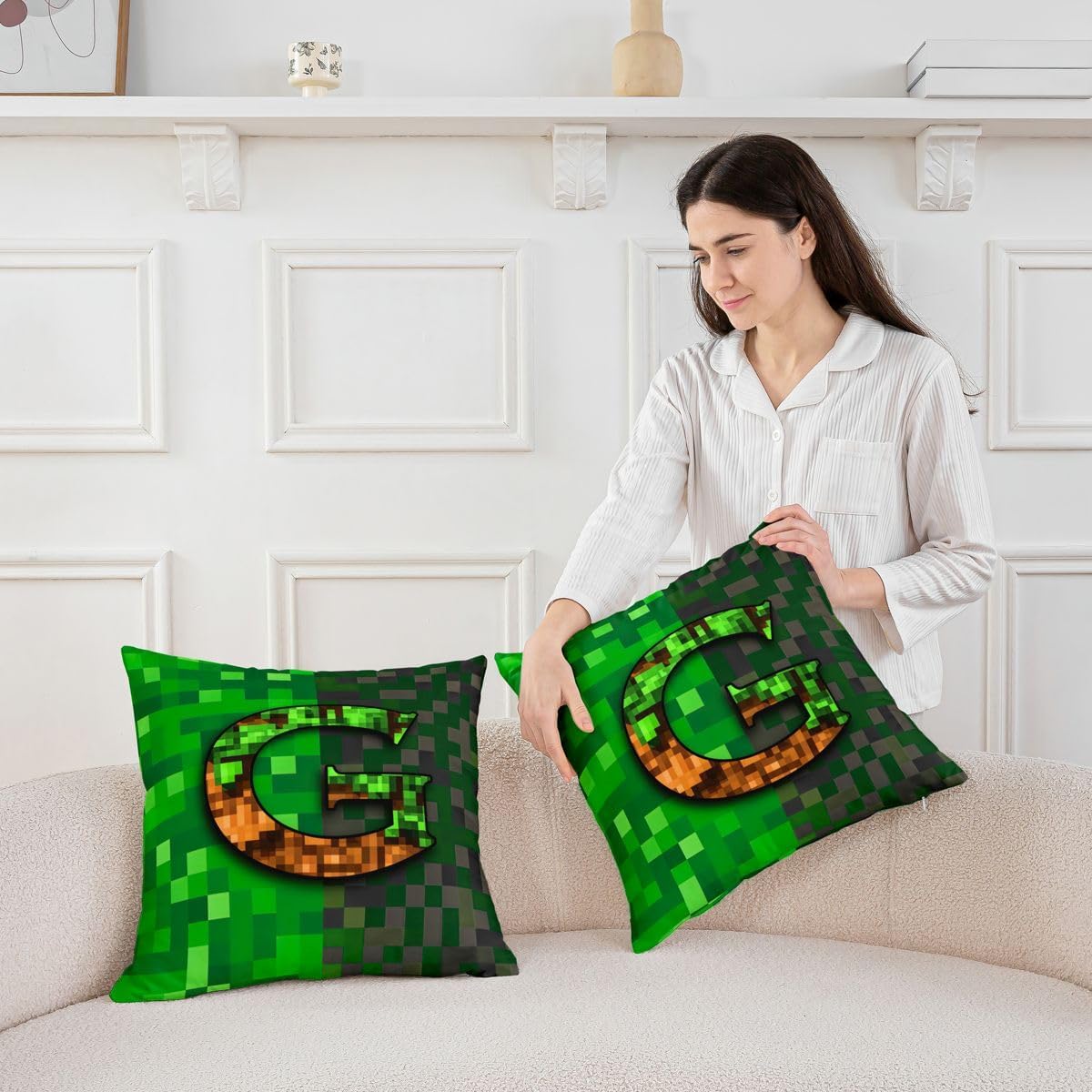 Castle Fairy Pixelated Blocks Throw Pillow Covers 18"x18" Set of 2 Letter G 3D Printed Cushion Covers for Couch Sofa Video Gaming Theme Decorative Pillowcases Green G Soft Pillow Cases image 3
