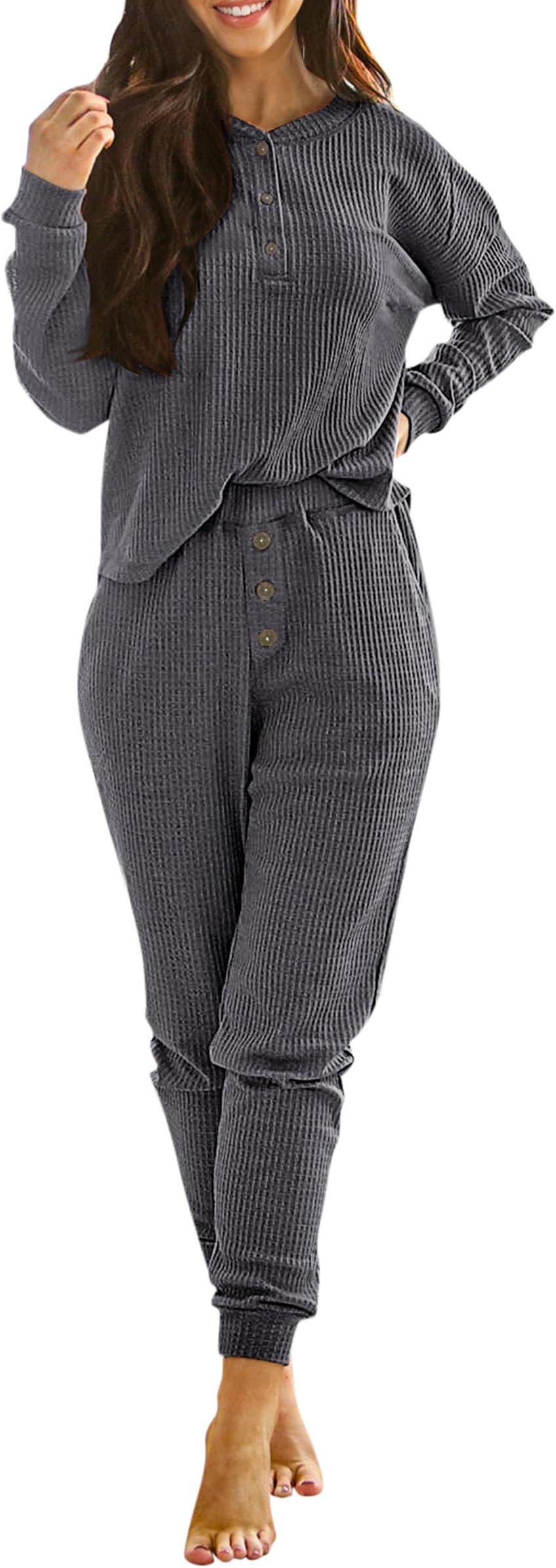 PRETTYGARDENWomen's 2 Piece Waffle Knit Lounge Outfit Long Sleeve Henley Top and Sweatpants Set Tracksuit