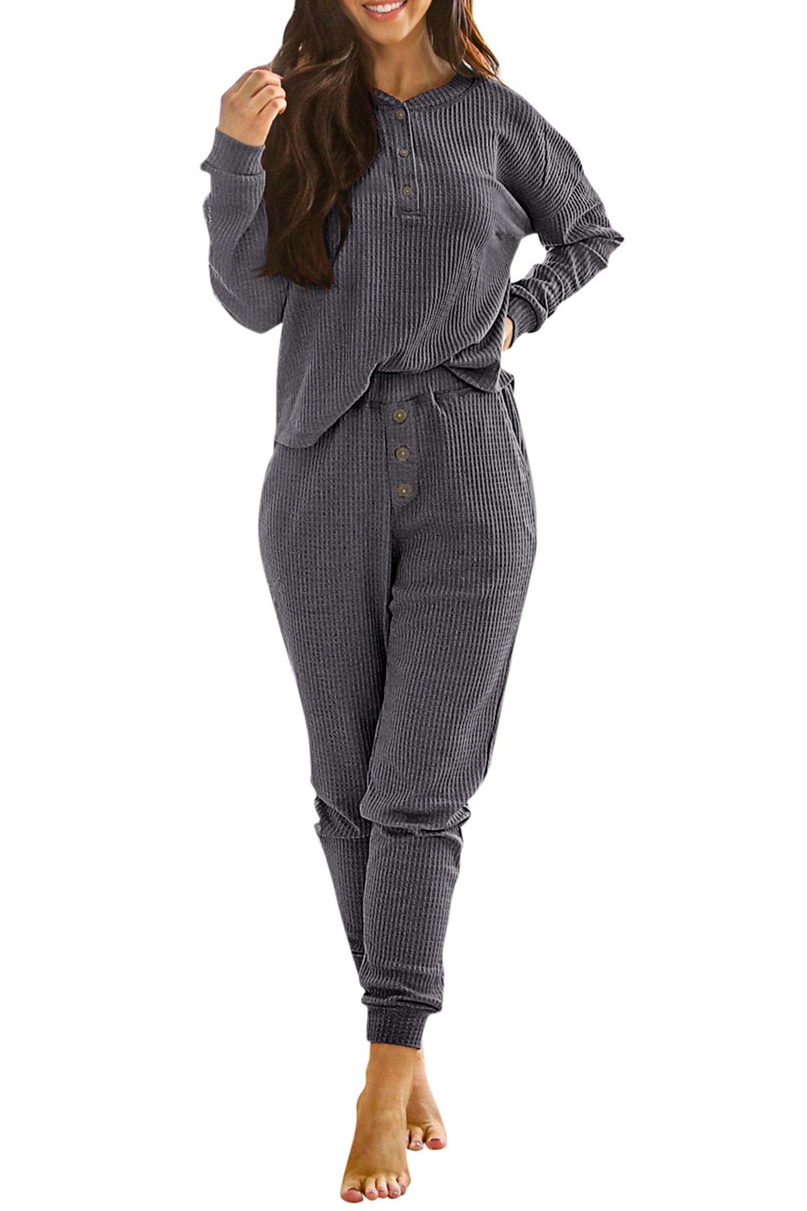 PRETTYGARDENWomen's 2 Piece Waffle Knit Lounge Outfit Long Sleeve Henley Top and Sweatpants Set Tracksuit