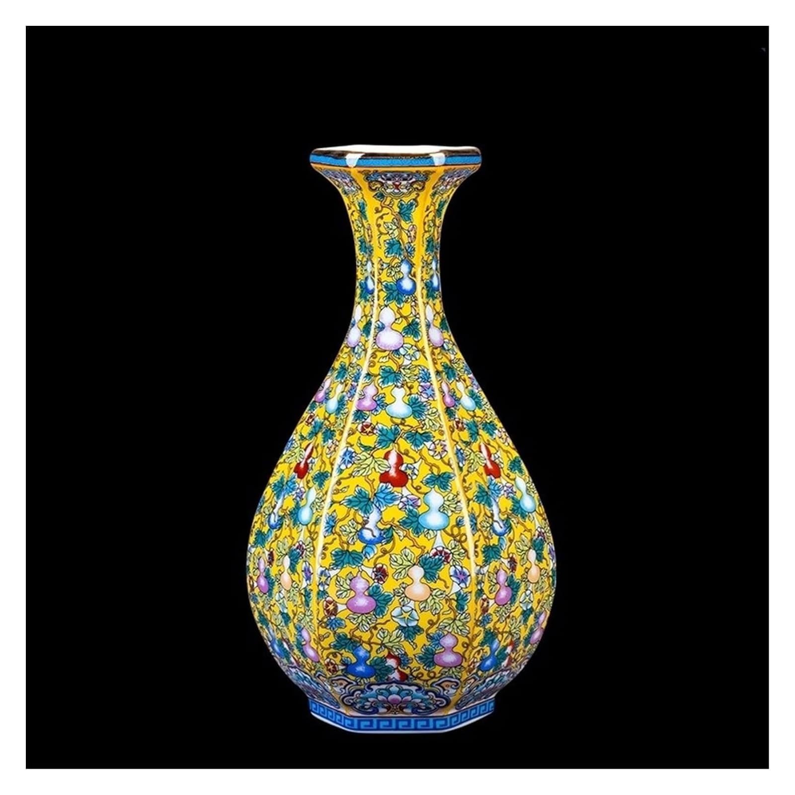 Vase Desktop Ceramics Imitation Chinese Enamel Decoration Living Room Flower Arrangement Antique Shelf Decor(Fu Lu Yu Hu Chun)