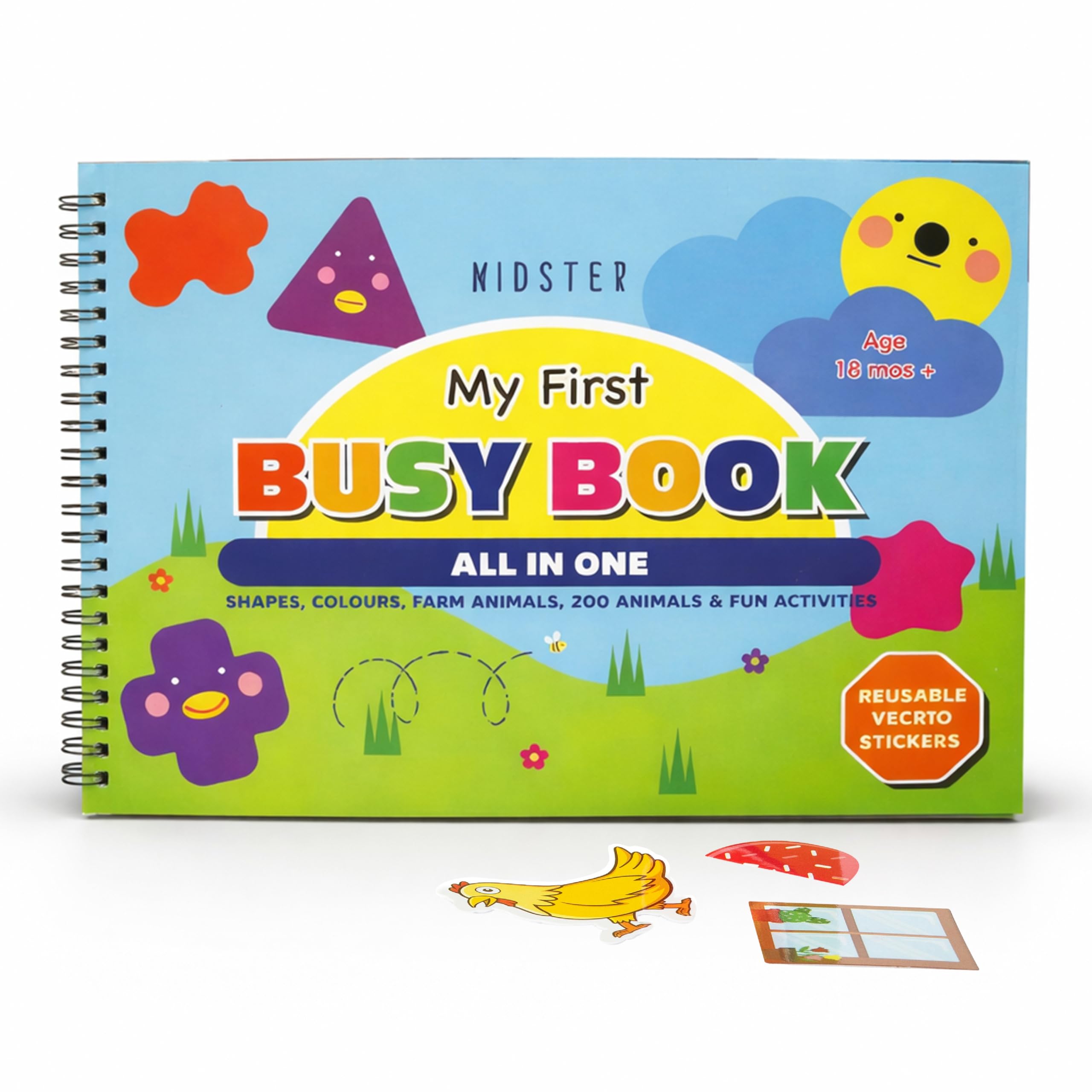 Kidster My First Busy Book – Velcro Activity Book & Busy Binder for Toddlers (18 Months – 5 Years) | 16 Pages, 7 Core Activities + Multiple Ways to Play | 44 Velcro Pieces | Shapes, Colours & Animals