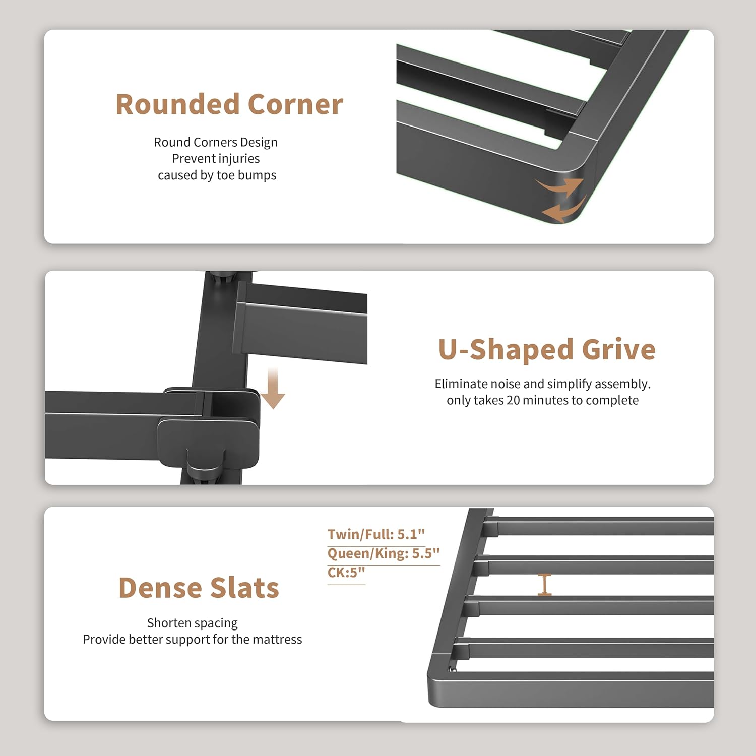 ROIL 2 Inch Twin Metal Box Spring Low Profile, Bunkie Board Bed Slat Replacement with Round Corners, 3500 lbs Capacity Heavy Duty Steel Slats, Easy Assembly, Noise Free