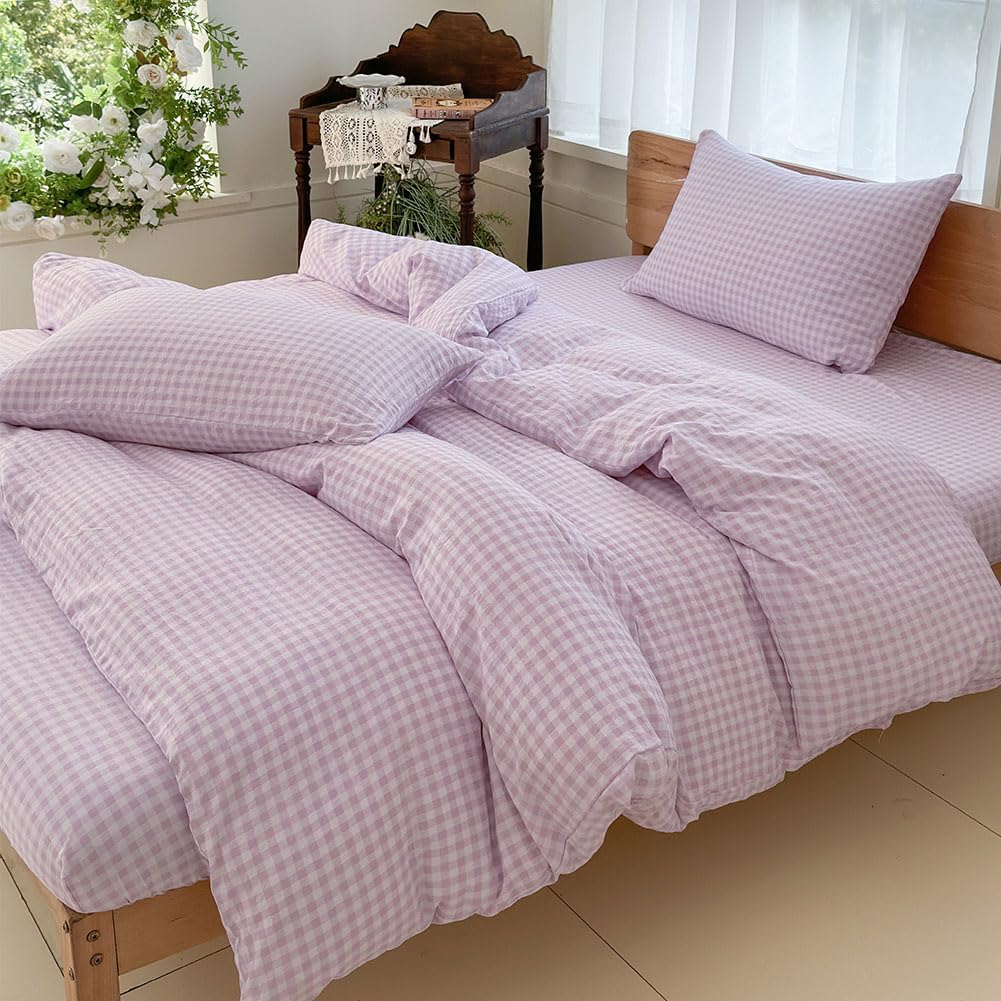 NSNLGSGC Purple Gingham Duvet Cover Set Queen, Grid Simple Geometric Square Pattern Comforter Cover,Soft Plaid Washed Microfiber Bedding Cover(3PCS,Queen)