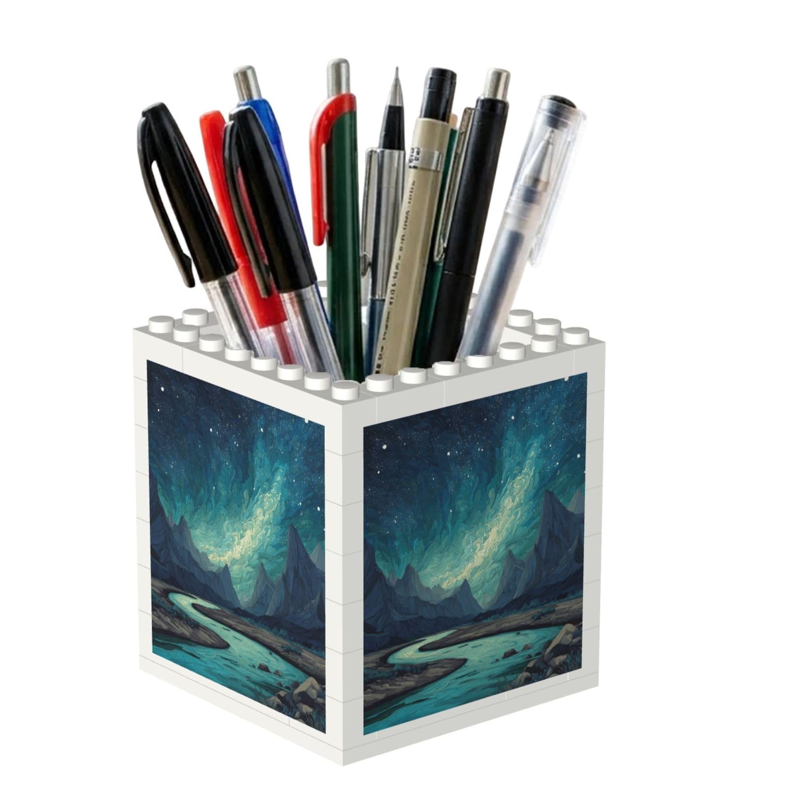 ESNAIUVCD Sky Mountains And Rivers Print Building Block Pen Holder - Pencil Holder For Desk/Classroom,Desk Accessories, Multifunctional Office Supplies Pen Organizer Pencil Cups(2pcs)