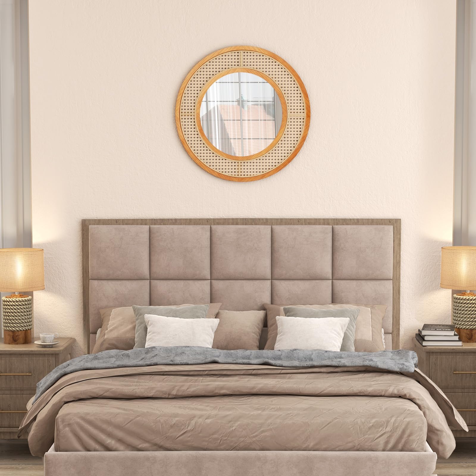 GOPLUS Espejo de Pared de Ratán, Espejo Redondo Bohemio de 65 cm con Marco de Madera, Vidrio de Aluminio, Espejo Decorativo Rústico para Sala, Dormitorio, Entrada, Baño, Instalación Fácil, Natural