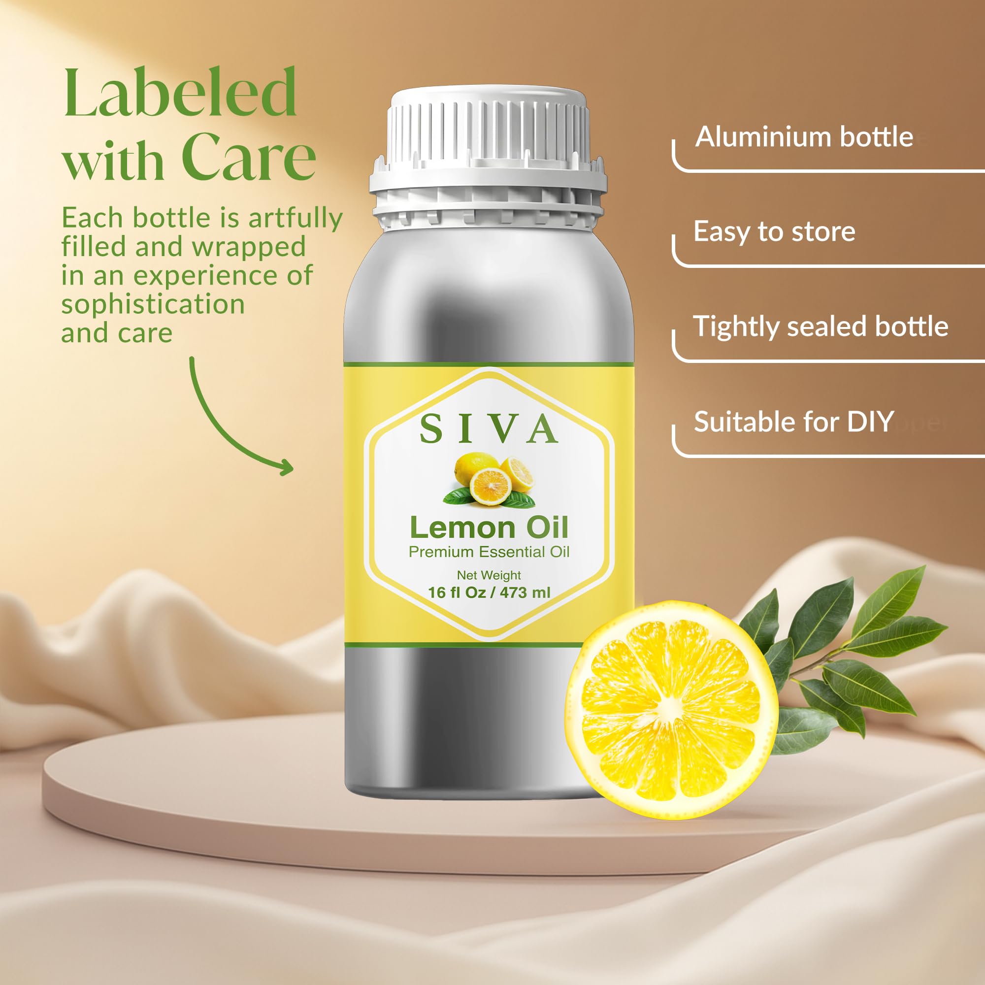 Siva - Aceite esencial de limón, 16 onzas líquidas, aceite de limón 100% natural, para difusor, cuidado facial, cuidado de la piel, aromaterapia, cuidado del cabello, cuero cabelludo y masaje corporal