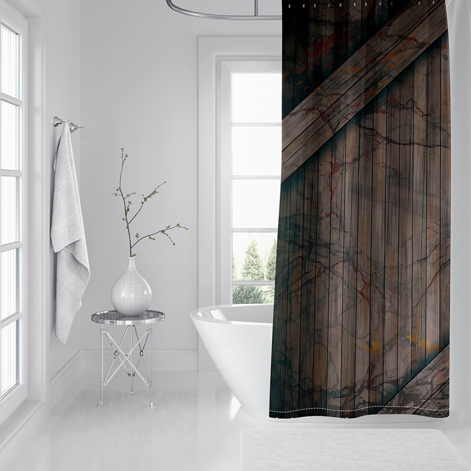 Tenda Doccia 150 x 200 Tessuto Antimuffa, Poliestere Marrone grigio Porta di legno della fattoria Tenda vasca da bagno, lavabile, asciugatrice rapida