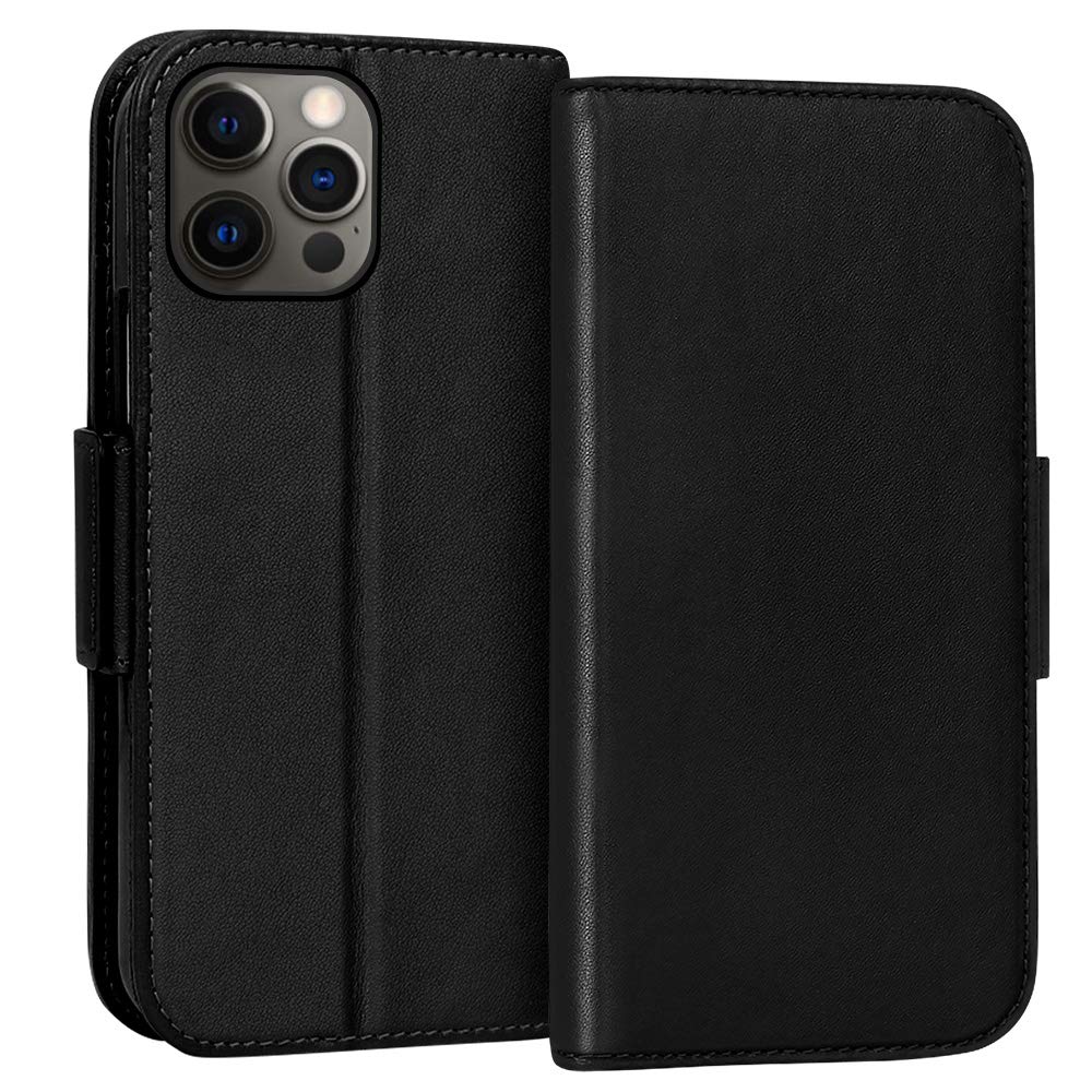 FYY Case Compatible for iPhone 12 Pro Max 6.7", Luxury [Cowhide Genuine Leather][RFID Blocking] Wallet Case, Flip Case Cover with [Kickstand Function] and [Card Slots] for iPhone 12 Pro Max 5G Black