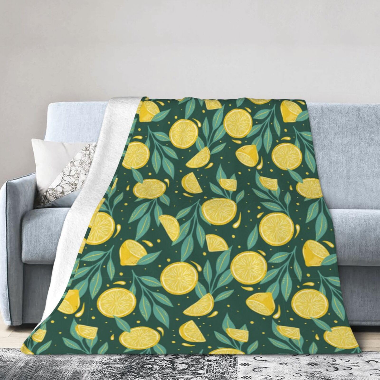 Noble Ren Dark Green Watercolor Lemon Ultra-Soft Micro Fleece Blanket Winter Warm Soft Lannel Fleece Throw Blanket For Couch Sofa Bed 40"X30"
