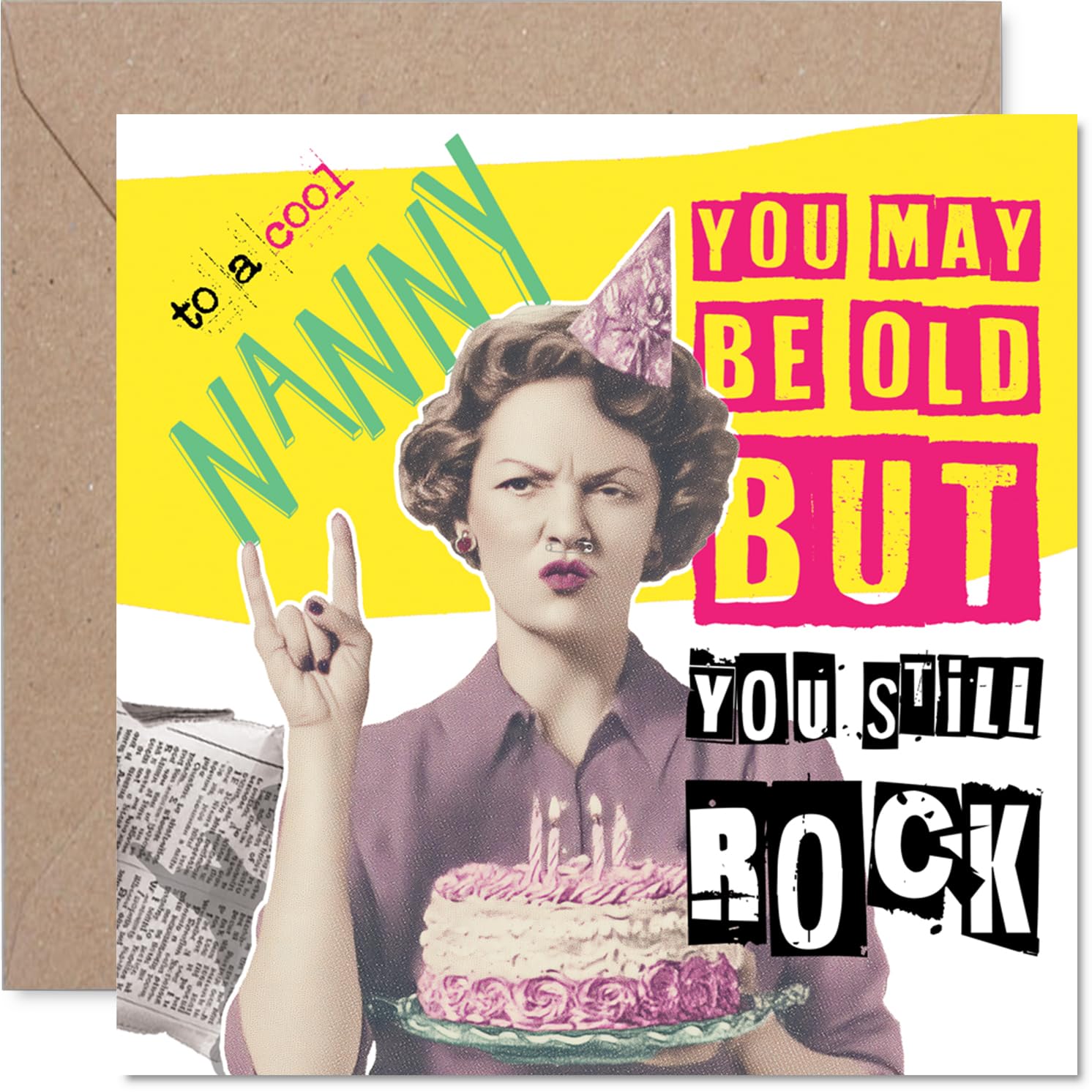 Cheeky Birthday Card for Nanny - Retro Fun with a Bold Twist - Vibrant Comic-style Nanny Rocks Motif - Sure to Spark a Laugh on Her Special Day - 145mm Square, Envelope Included