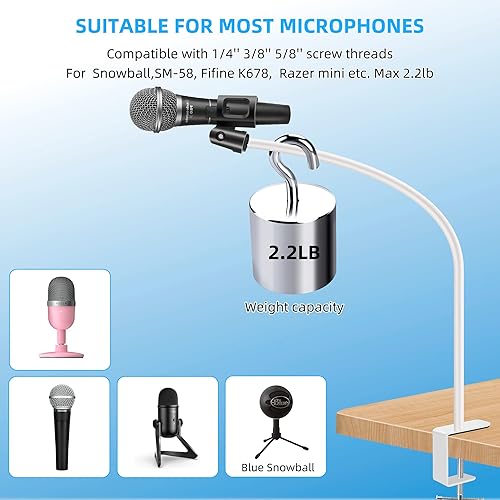 Miniatura 3 de Soporte de micrófono de cuello de cisne blanco para escritorio, brazo largo de 20.5 pulgadas, resistente y ajustable, soporte de micrófono con clip