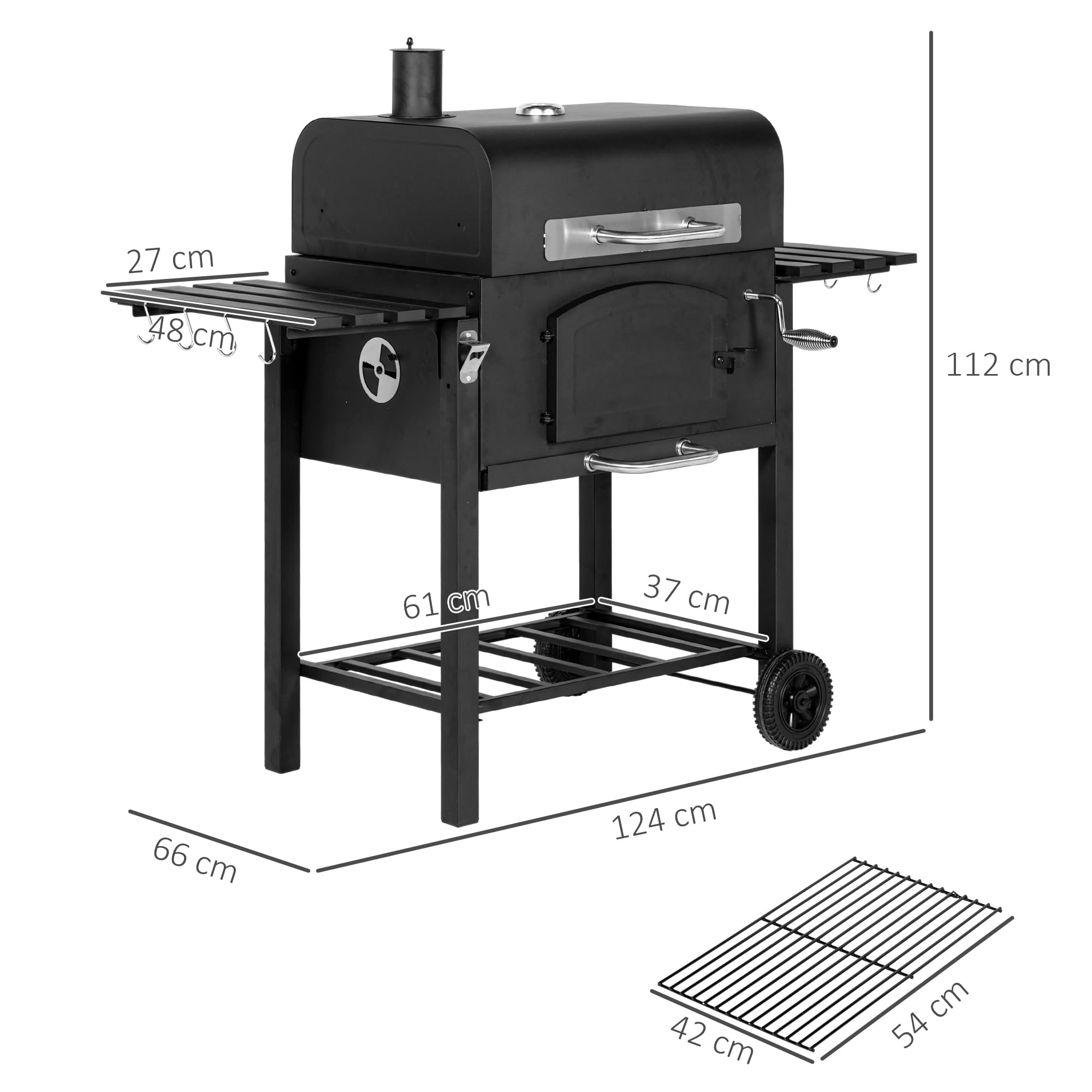 Outsunny Barbacoa de carbón vegetal con tapa y estantes, parrilla de pie con estantes para ahumar, placa de calentamiento, ruedas de transporte para fiestas en el jardín, metal, 124 x 66 x 112 cm