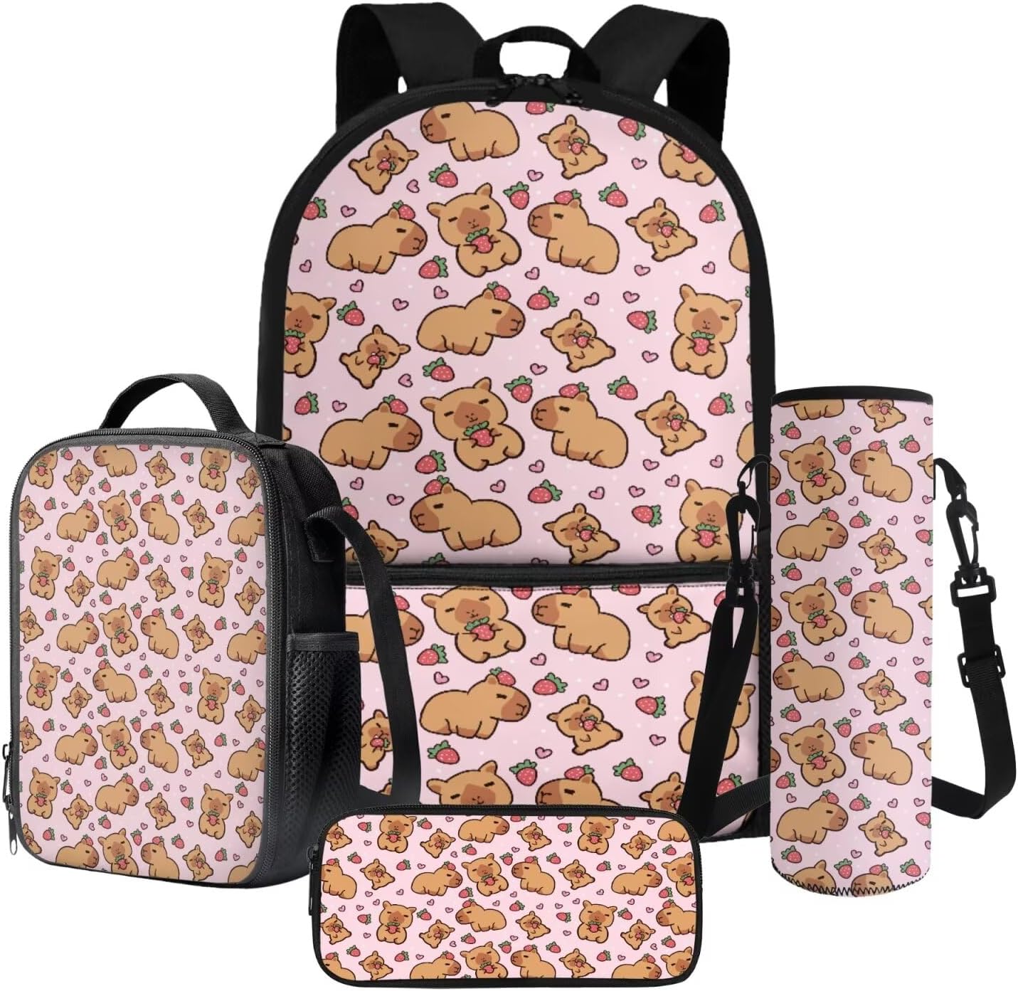 Xoenoiee Capybara Strawberry Pink Pattern 4Pcs School Backpack Set for Kids 17 Inch Large Bookbag with Insulated Lunch Box, Pencil Case, Water Bottle Holder