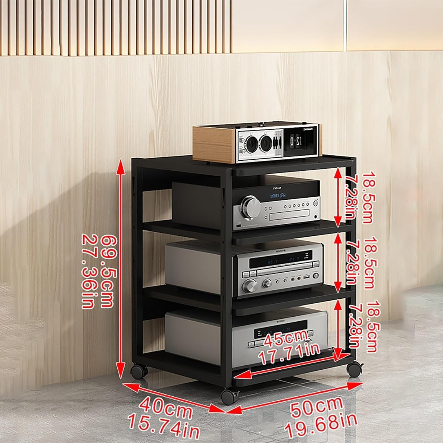 Stojak na sprzęt audio HiFi, 3/4-poziomowy stojak na sprzęt audio-video z kółkami, wielofunkcyjne, drewniane półki z regulacją wysokości, do przechowywania wzmacniacza/dekodera TV/drukarki (styl