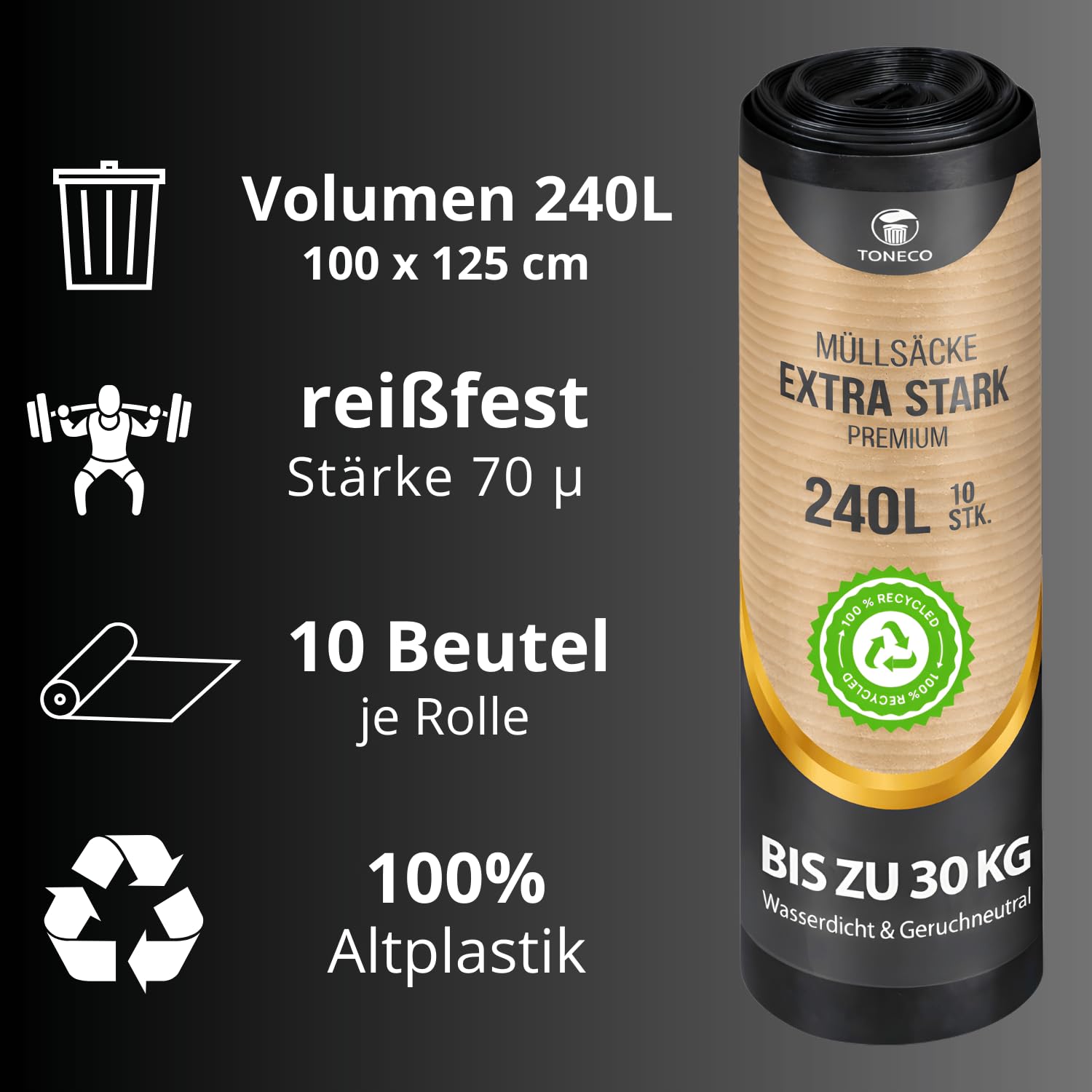 Müllsäcke 240L EXTRA STARK - 70µm – 100 Säcke – 100% Recycelt – 100x125 cm – 10 bis 400 Säcke wählbar – Müllbeutel 240L - ULTRA STARK - Rollengewicht 1,4 kg – Schwerlast XXL Mülltüten (100)