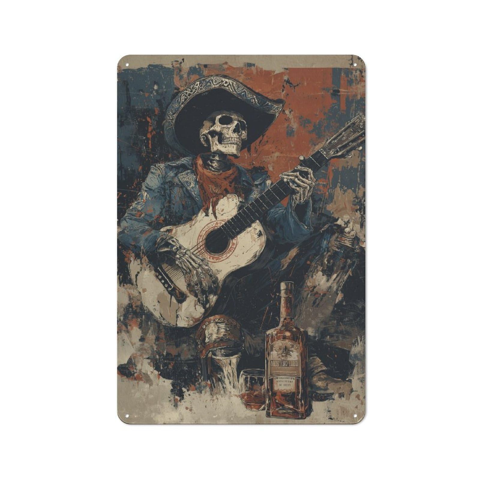 Junmoney Skull Guitarist's Brew Rustic Tin Sign 30X20cm For Living Room Or Hallway, Suited To Living Room Decor Lovers