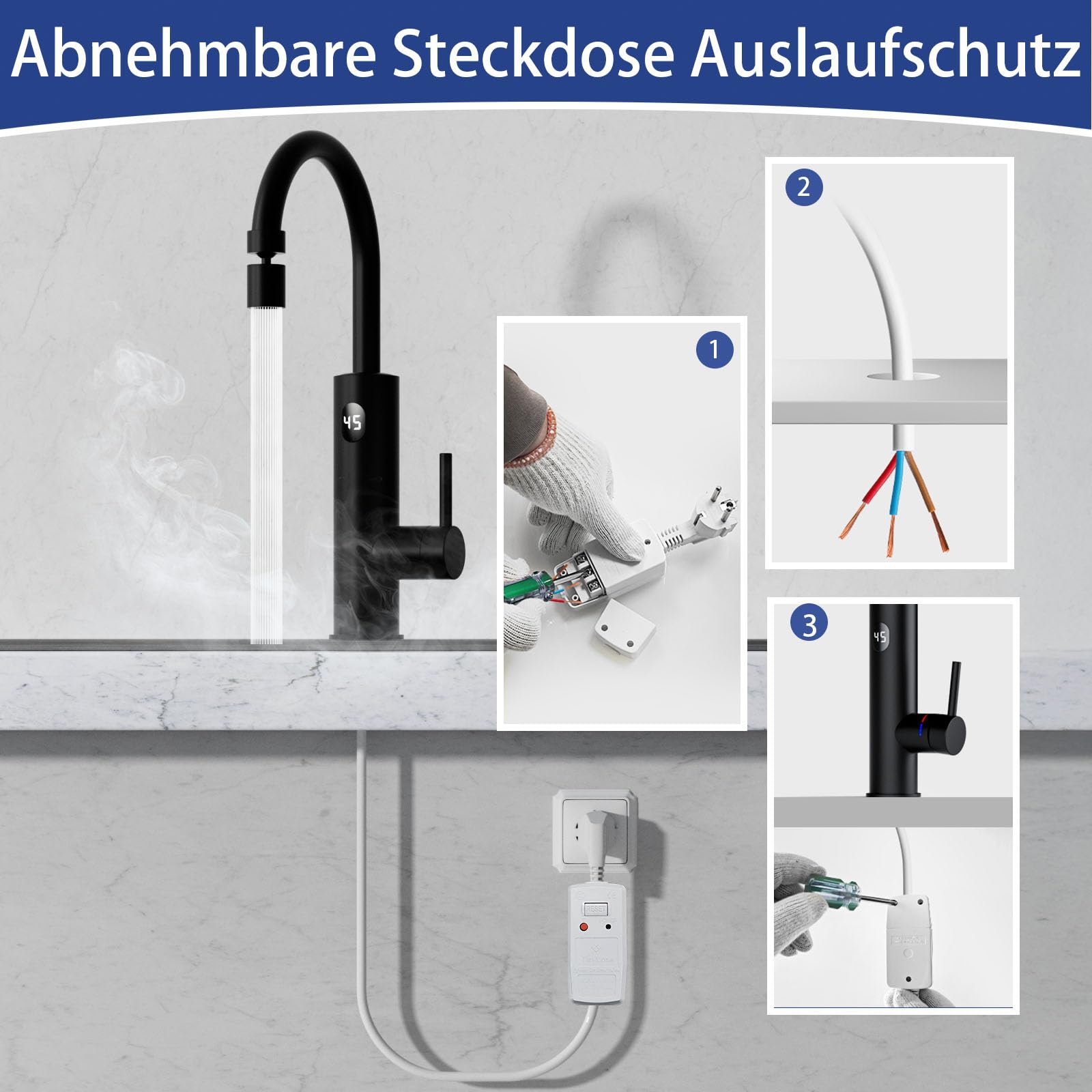 ESOP Wasserhahn mit Durchlauferhitzer, Elektrischer Wasserhahn 2 Modus | 220V 3200W Küchenarmatur mit LED Display, 360º Drehbar Auslauf, 304 Edelstahl Wasserhahn Elektrisch für Küche, Schwarz