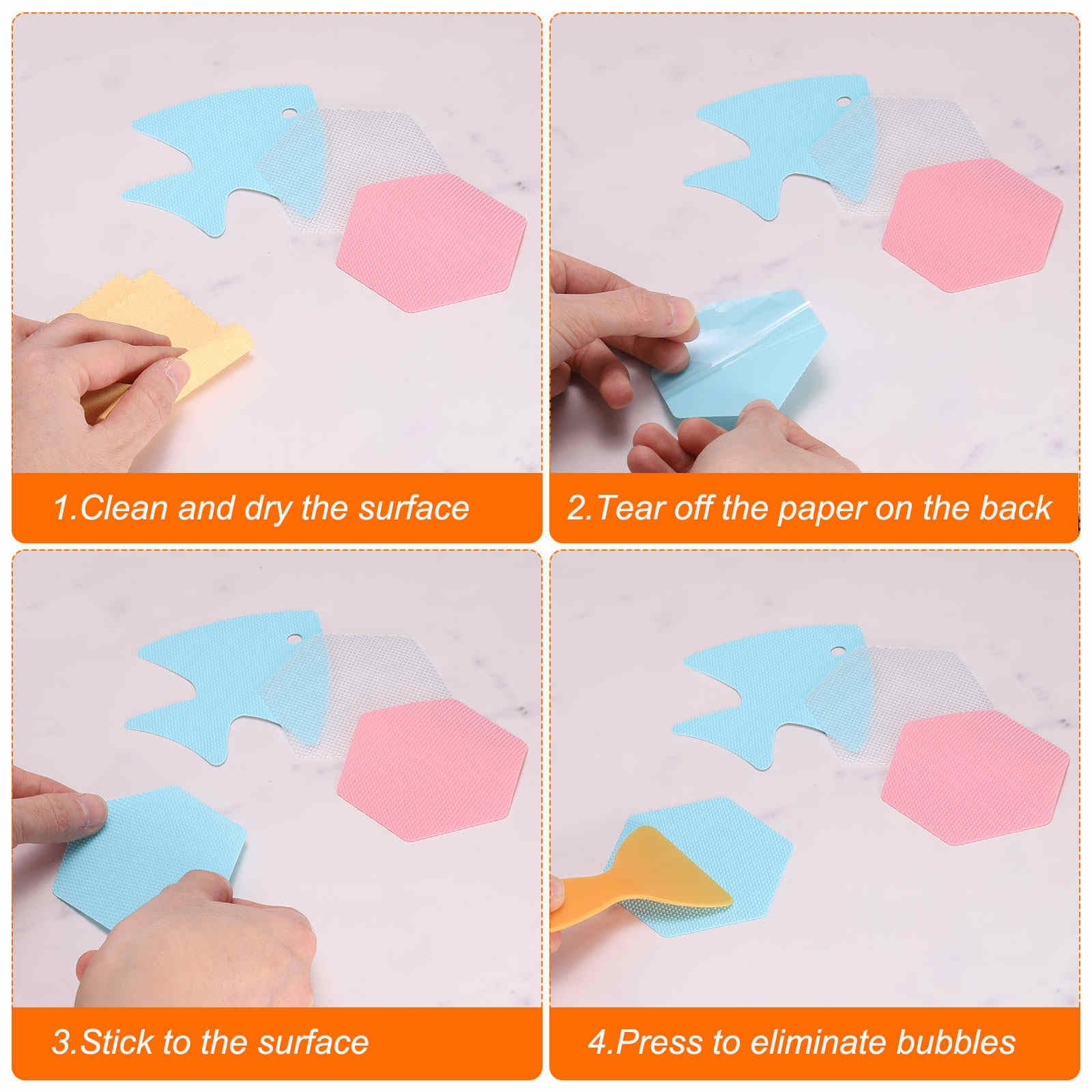HARFINGTON Juego de 12 calcomanías hexagonales antideslizantes para bañera de 3.15 pulgadas, PEVA, adhesivos antideslizantes con raspador para baño, cocina, peldaños y piscinas, color blanco
