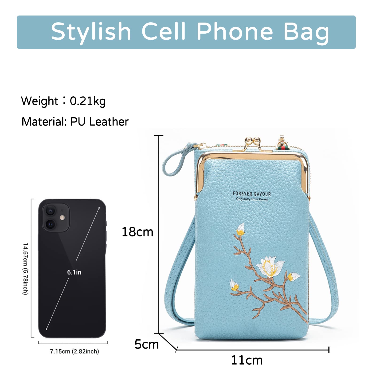 Moda Borse a Tracolla Donna Piccola Borsa per Cellulare con Fessure per Carte PU Mini Cellulare Portafogli Blu