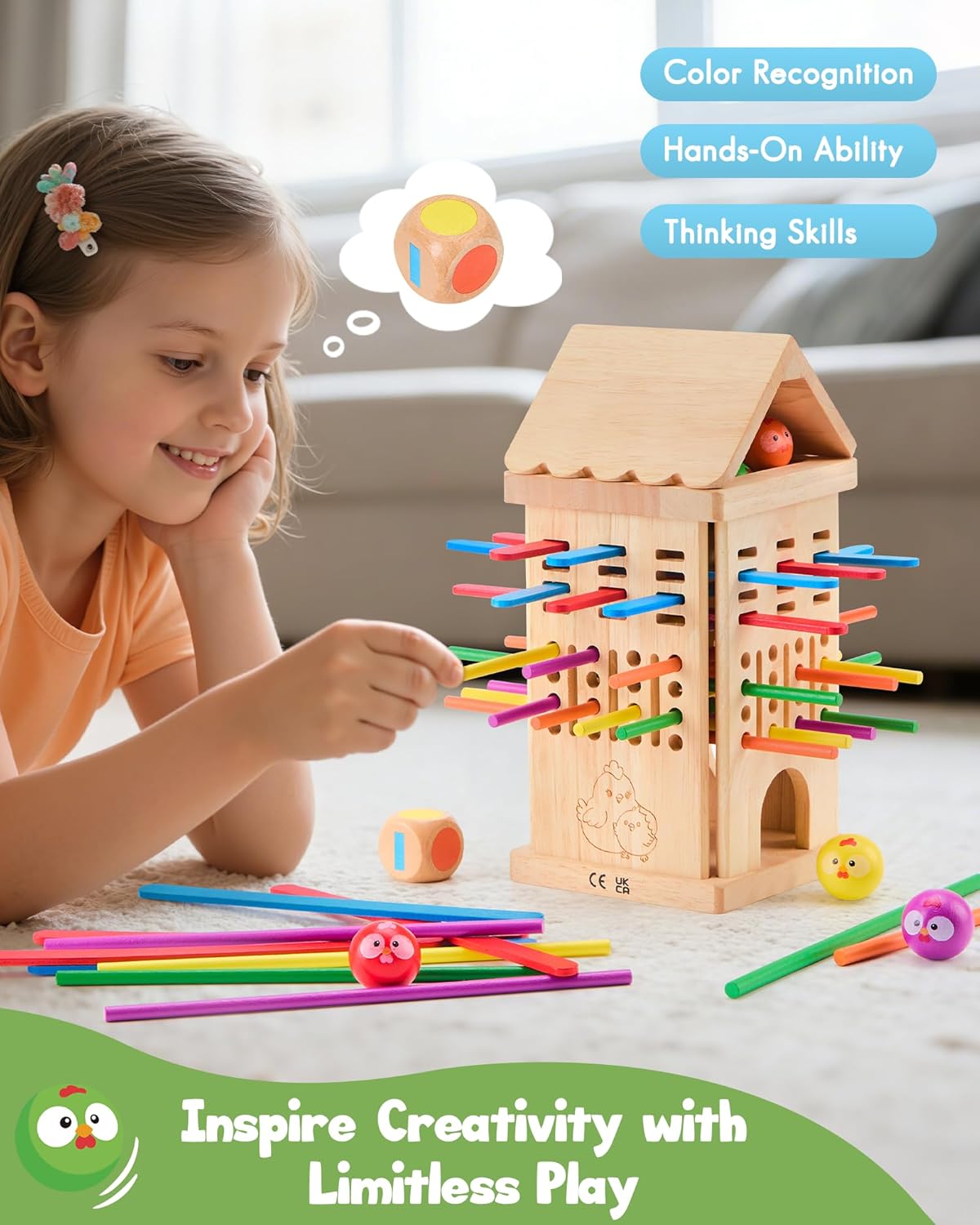 Montessori Toys Wooden Board Games for 3 4 5 6 Years Old, 34 Colorful Wooden Sticks Fine Motor Skills Toy for Kids 4-6, Math&Counting Learning Toy Family Games for Girls Boys 3 Year Olds Gift Ideas